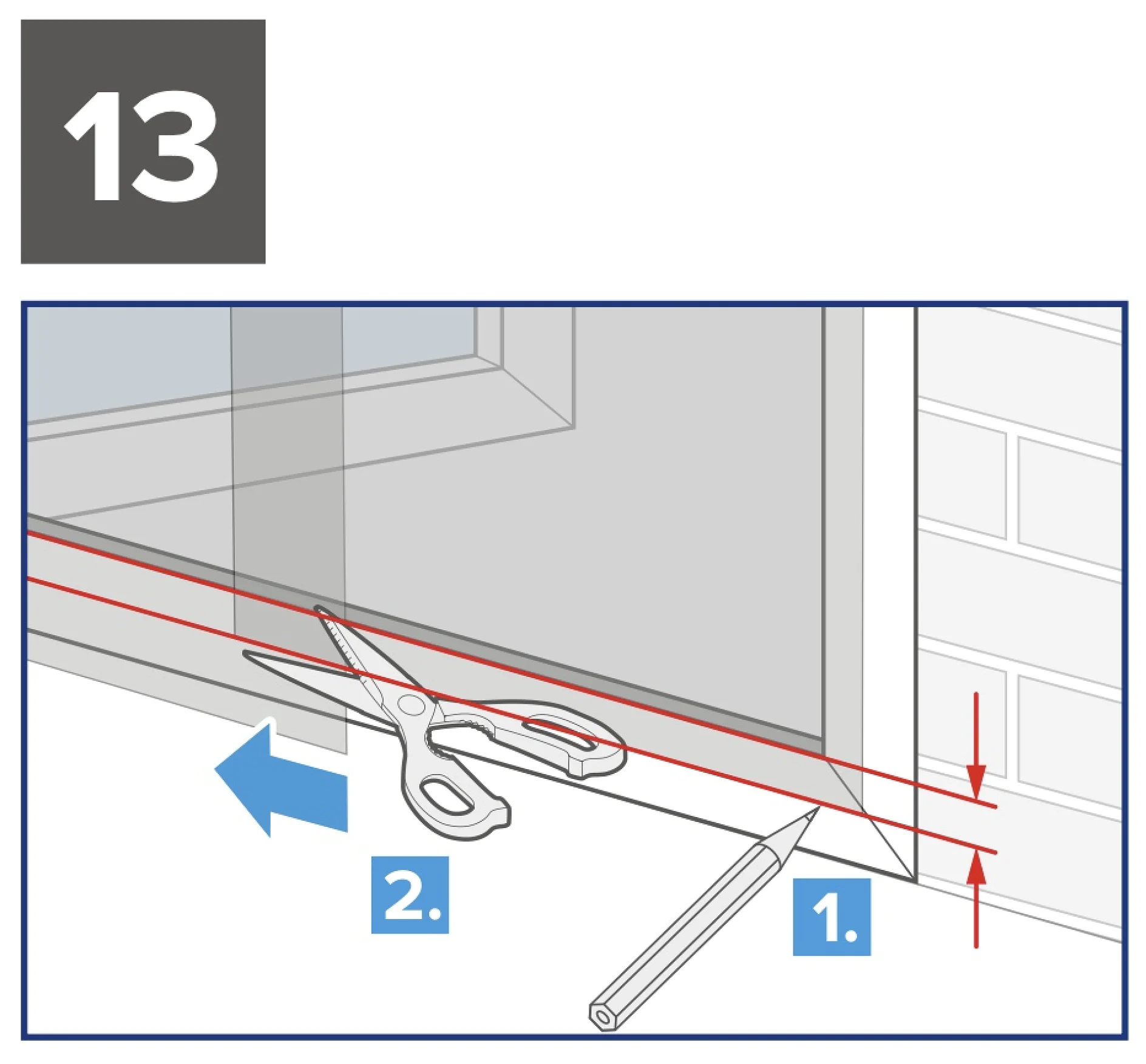Diagramm, das die Schritte zum Schneiden entlang einer markierten Linie zeigt. Schritt 1: Ein Bleistift markiert eine Linie auf einer Fensterbank. Schritt 2: Die Schere wird entlang der Linie platziert und zeigt an, wo geschnitten werden soll. Ein blauer Pfeil zeigt nach links und gibt die Richtung beim Verwenden von Tesa-Klebeband an. (This text has been generated by AI)