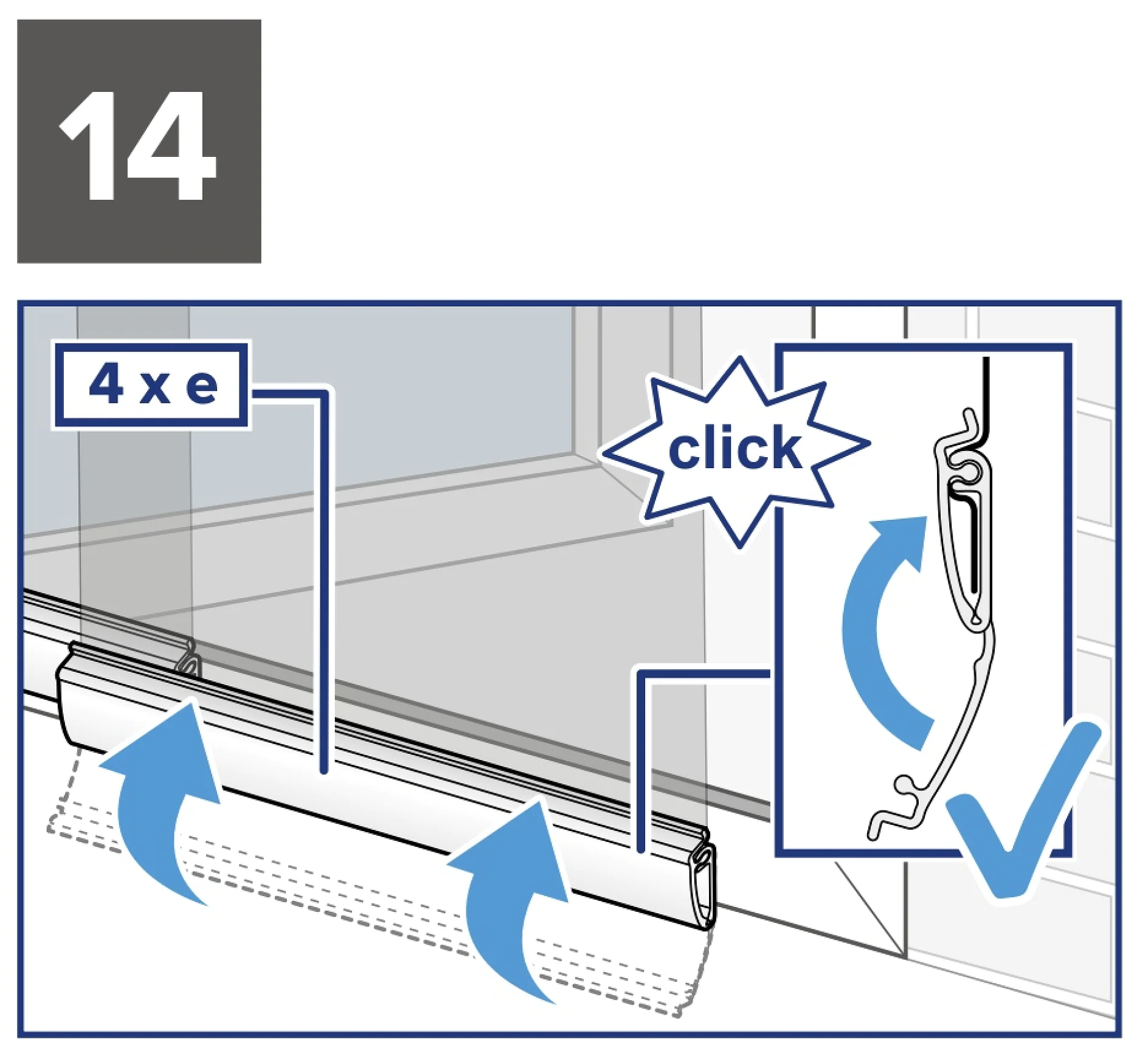 Abbildung zur Montage eines Fensterrollos. Ein Diagramm mit der Beschriftung „14“ zeigt die einzelnen Schritte: Anbringen des Rollos am Fenster mit zwei nach oben zeigenden Pfeilen und einem „Klick“-Geräusch, das die sichere Befestigung mit Tesaband anzeigt. Es gibt eine Beschriftung mit „4xe“ und ein Häkchen. (This text has been generated by AI)