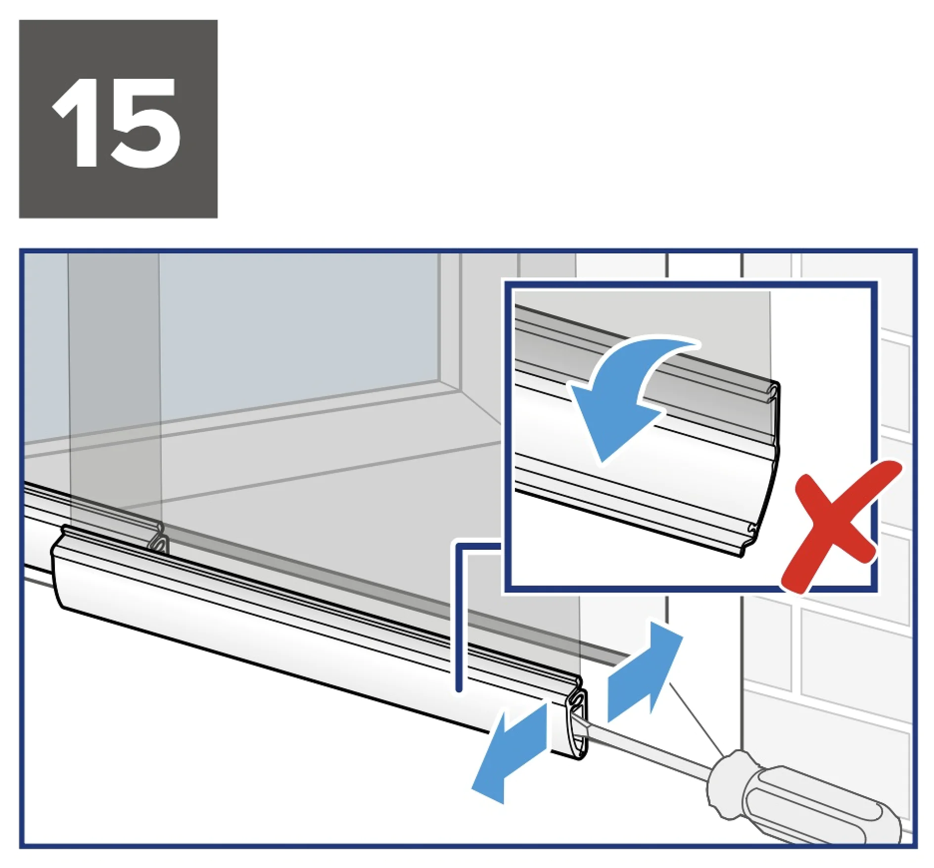 Anleitungsbild, das einen Montageschritt zeigt. Ein Fensterrahmenteil wird falsch eingesetzt, gekennzeichnet durch ein rotes „X“. Eine Nahaufnahme verdeutlicht die falsche Position. Ein Schraubendreher liegt daneben, zusammen mit etwas Tesaband. Die Zahl 15 steht in einem grauen Quadrat oben links. (This text has been generated by AI)