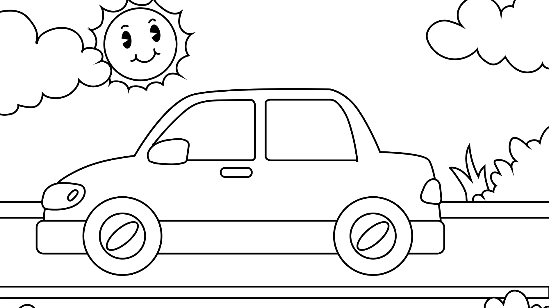 Ausmalbild Auto fährt unter sonnigem Himmel