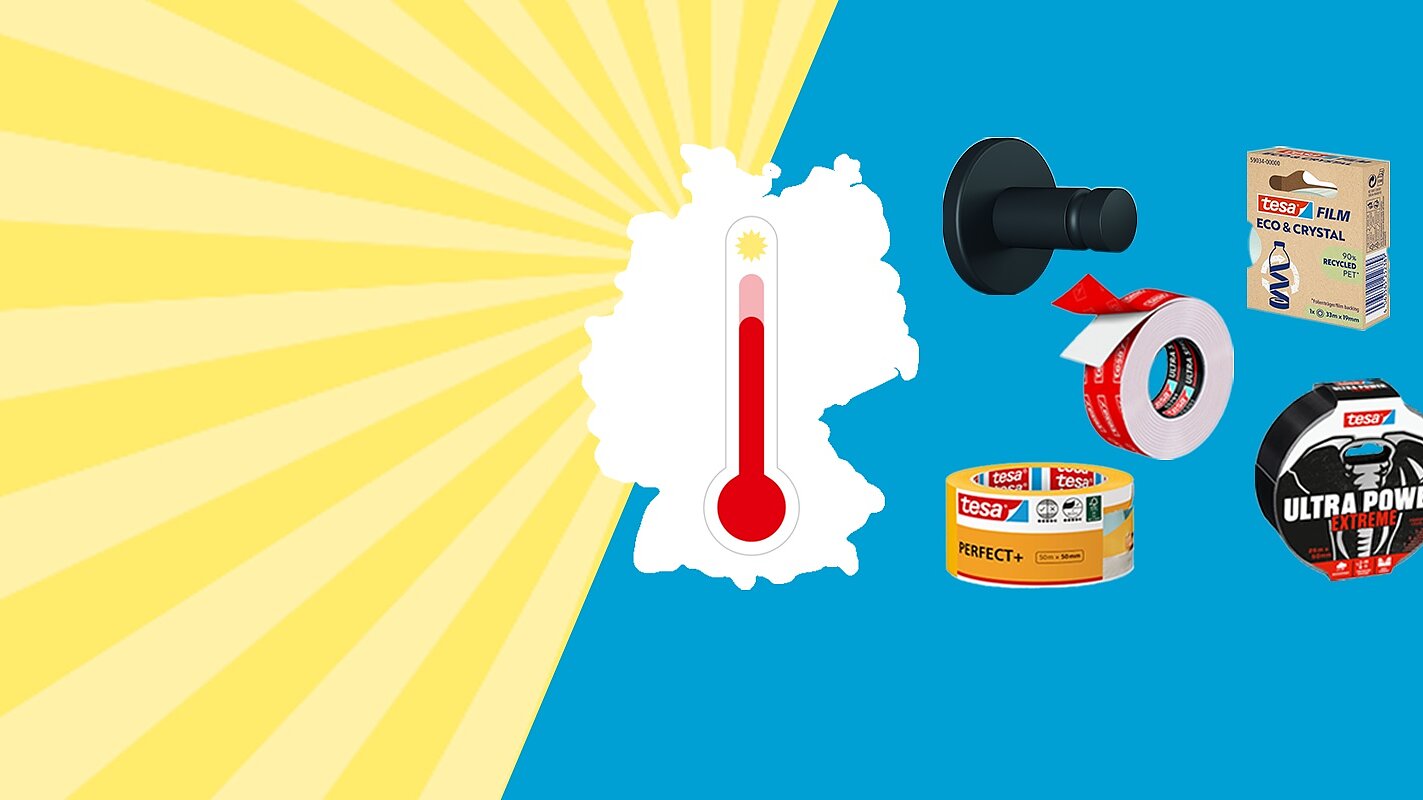 Bild zeigt eine stilisierte Deutschlandkarte mit einem roten Thermometer neben verschiedenen Klebe- und Dichtprodukten, darunter Tesa-Bänder und eine Filterkartusche, vor einem gelb-blauen Hintergrund mit strahlenförmigen Streifen. (This text has been generated by AI)