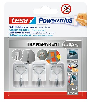 tesa® Powerstrips Selbstklebende Haken mit abnehmbaren Drahthaken, transparent