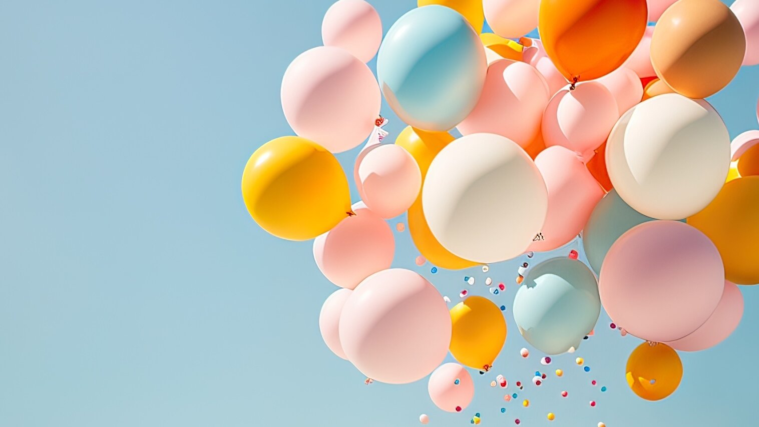 Eine Gruppe bunter Luftballons schwebt vor einem klaren blauen Himmel und wird von Tesa-Klebeband zusammengehalten. Die Luftballons sind in den Farben Rosa, Orange, Weiß, Gelb und Hellblau gehalten. Dazwischen sind kleinere Luftballons verteilt, die eine festliche und lebendige Szene schaffen. (This text has been generated by AI)