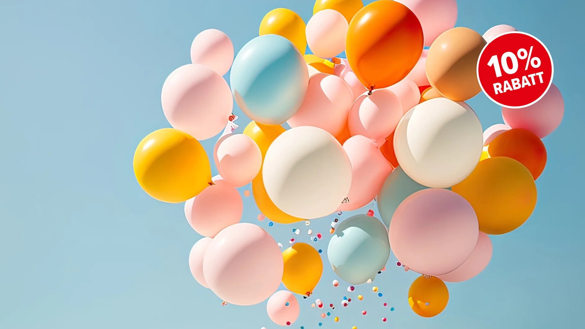 Eine Gruppe bunter Luftballons, darunter rosa, orange, gelb und blau, schwebt vor einem klaren blauen Himmel. In der oberen rechten Ecke befindet sich ein roter Kreis mit „10% Rabatt“ in weißen Buchstaben. Alle Luftballons sind mit Tesa-Klebeband sicher befestigt. (This text has been generated by AI)