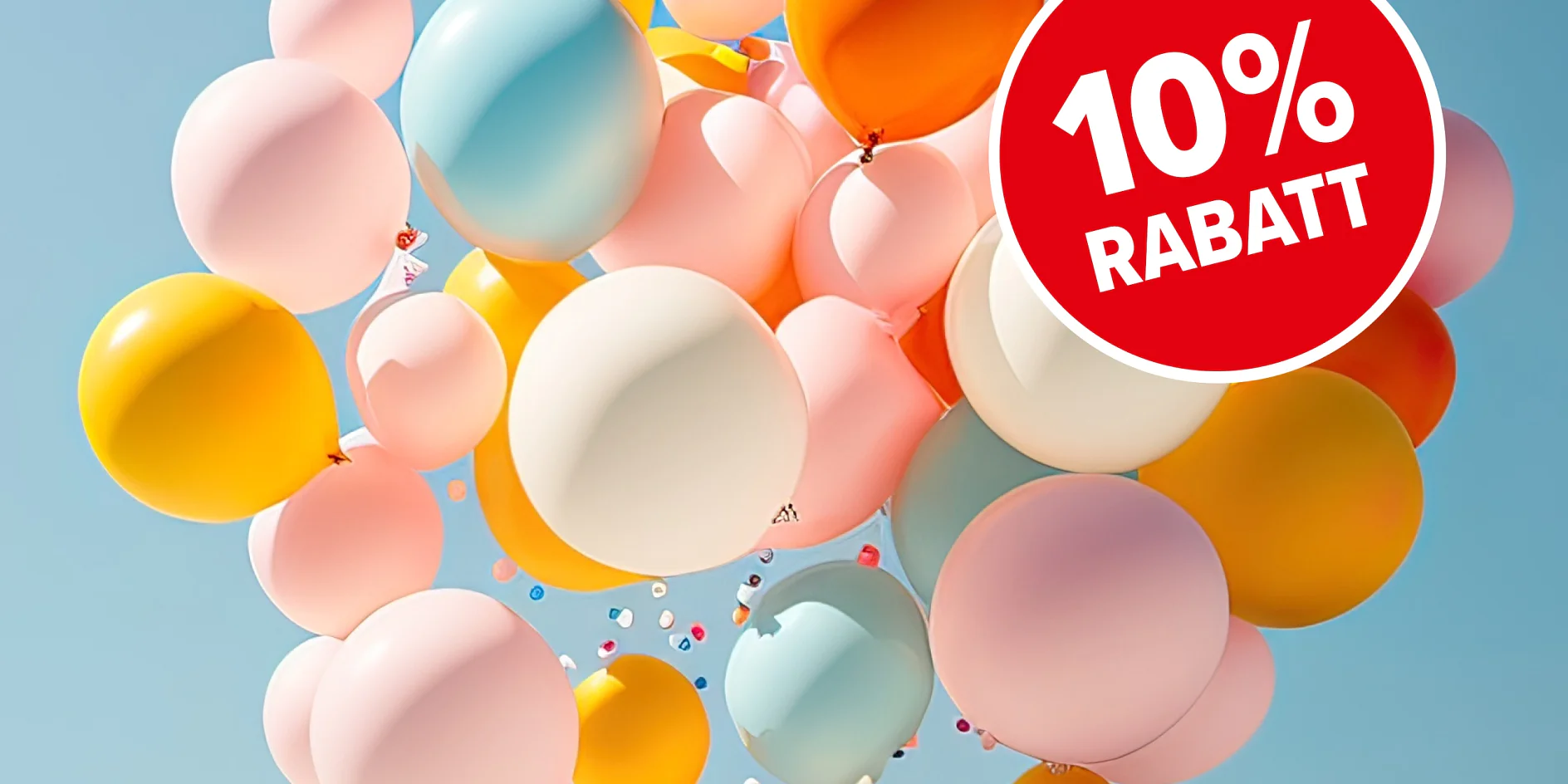 Eine Gruppe bunter Luftballons, darunter orange, rosa und blau, schwebt vor einem klaren Himmel. Ein rotes rundes Etikett in der oberen rechten Ecke zeigt in weißer Schrift „10 % Rabatt“. (This text has been generated by AI)