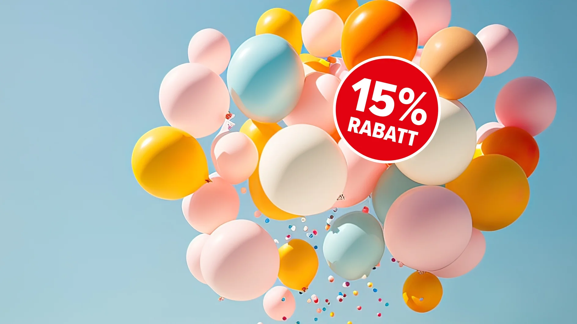 Eine Gruppe bunter Luftballons, darunter rosa, orange, gelb und blau, schwebt vor einem klaren blauen Himmel. In der oberen rechten Ecke befindet sich ein roter Kreis mit „15% Rabatt“ in weißen Buchstaben. Alle Luftballons sind mit Tesa-Klebeband sicher befestigt. (This text has been generated by AI)