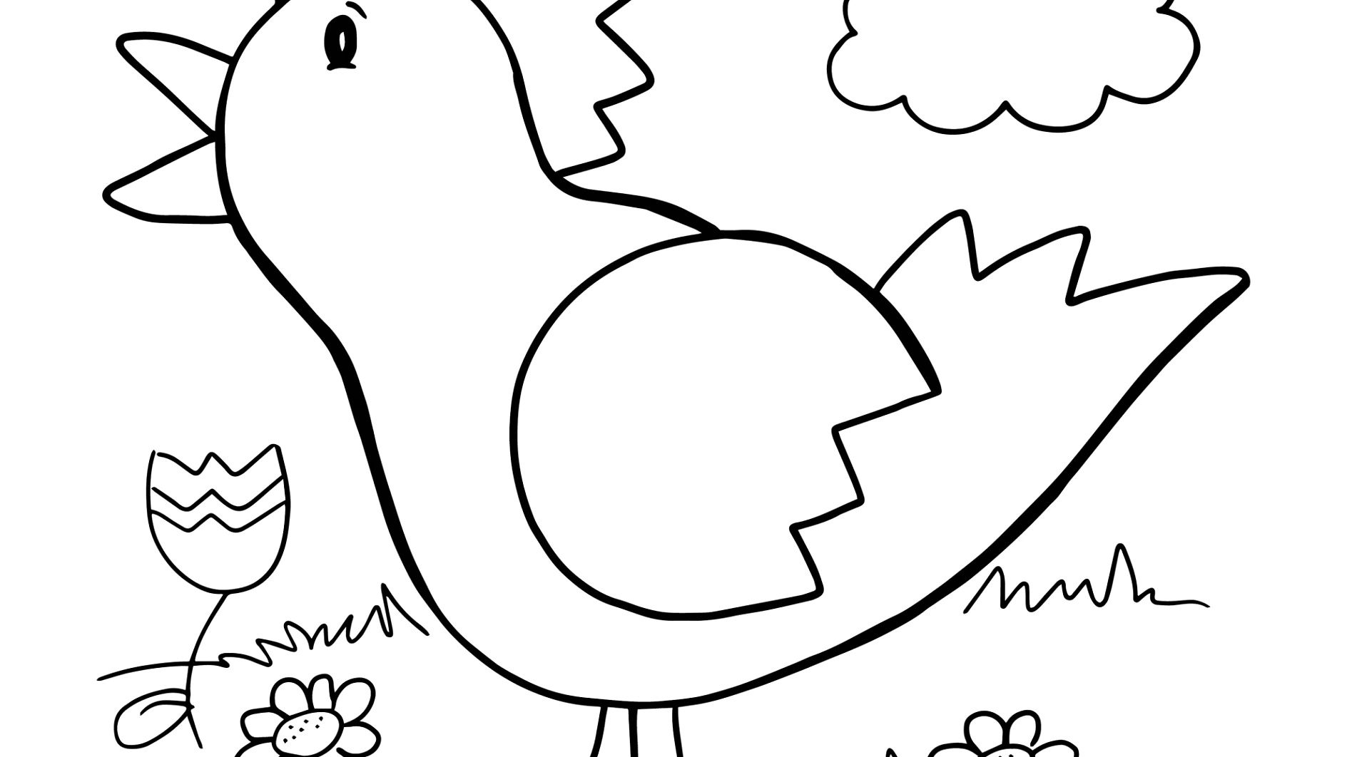 Ein Huhn steht singend zwischen Blumen und Wolken.