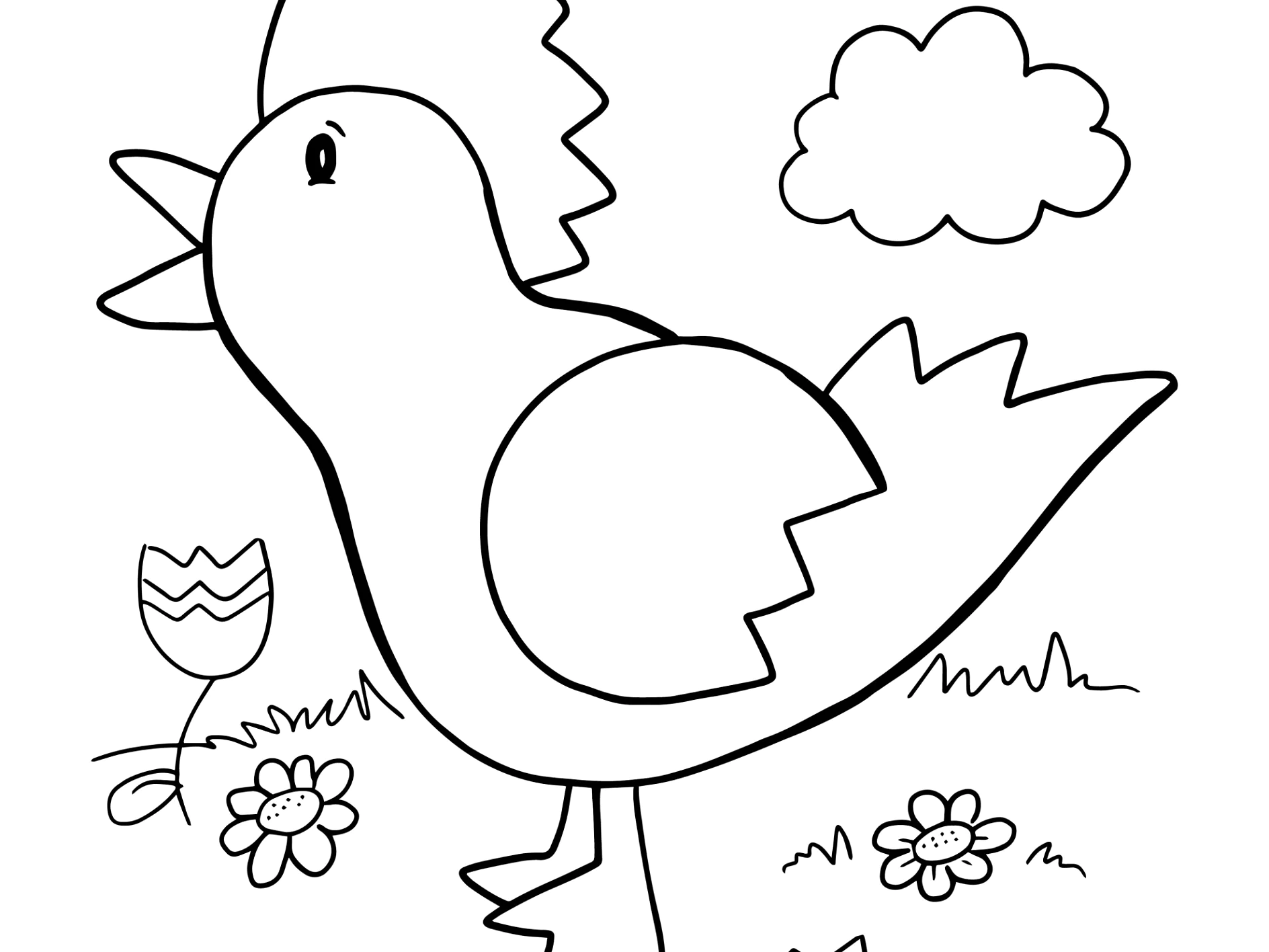 Ein Huhn steht singend zwischen Blumen und Wolken.
