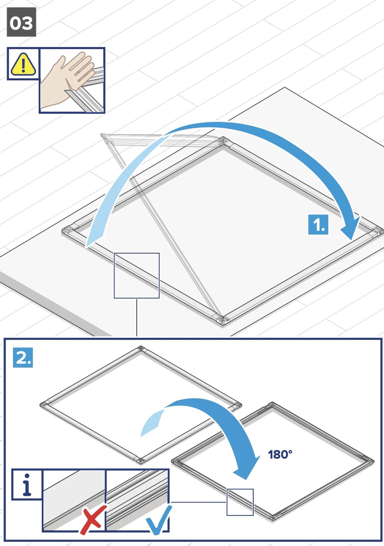 Anleitungsdiagramm mit zwei Schritten. Schritt 1: Ein Rahmen wird diagonal auf eine Oberfläche mit einem Hand-Warnsymbol gelegt. Schritt 2: Drehen Sie den Rahmen um 180 Grad und befestigen Sie ihn mit Tesa-Klebeband, wie in der Nahaufnahme gezeigt, um die richtige Ausrichtung zu gewährleisten. Dies wird durch ein blaues Häkchen und ein rotes X angezeigt. (This text has been generated by AI)