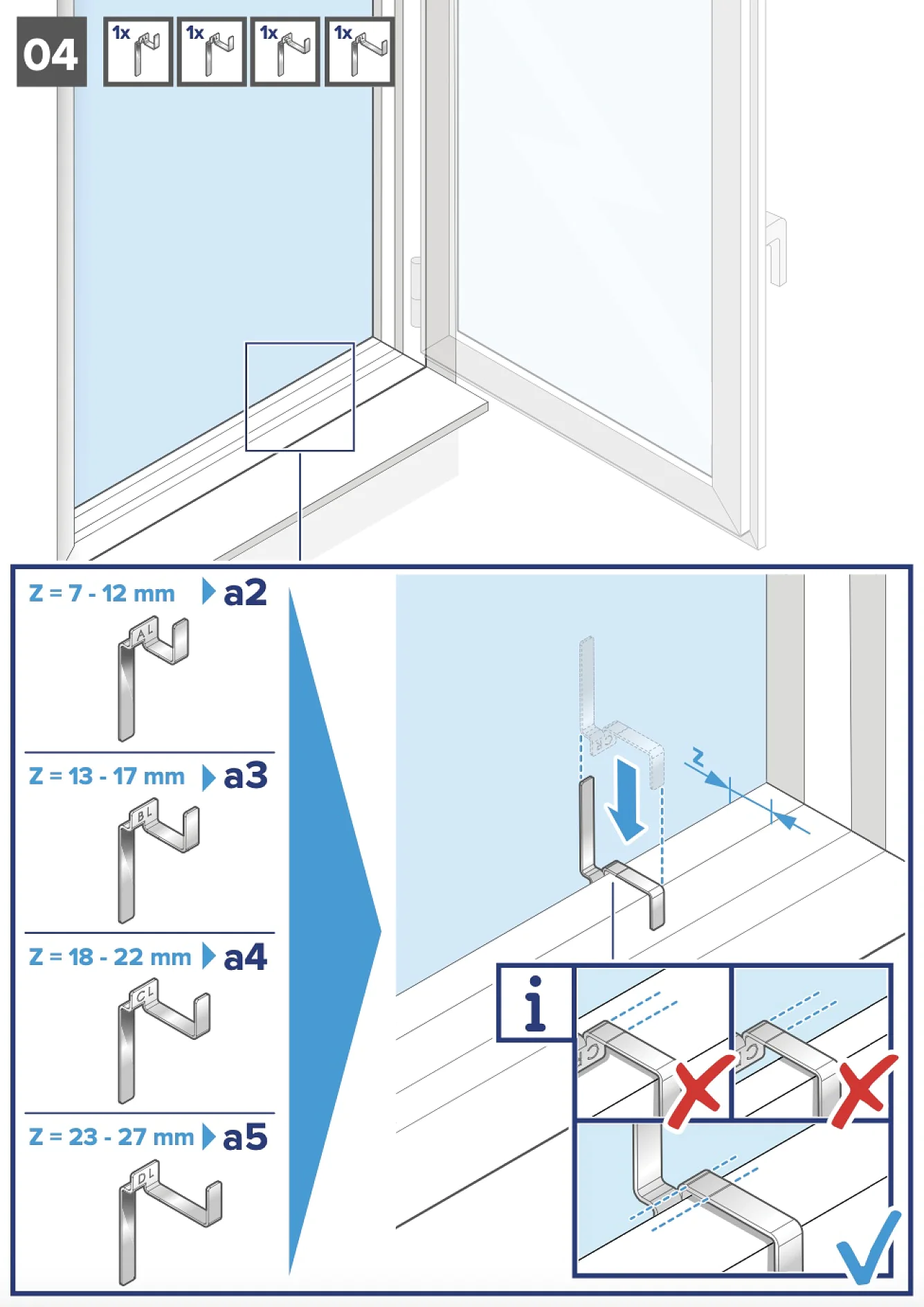 Abbildung, die zeigt, wie man eine Halterung mit Tesa-Klebeband an einem Fensterrahmen befestigt. Verschiedene Halterungsgrößen (A2 bis A5) passen zu unterschiedlichen Rahmentiefen (7-27 mm). Pfeile zeigen die richtige Montagerichtung an, ein Häkchen zeigt die korrekte Platzierung an und Kreuze weisen auf Fehler hin. (This text has been generated by AI)