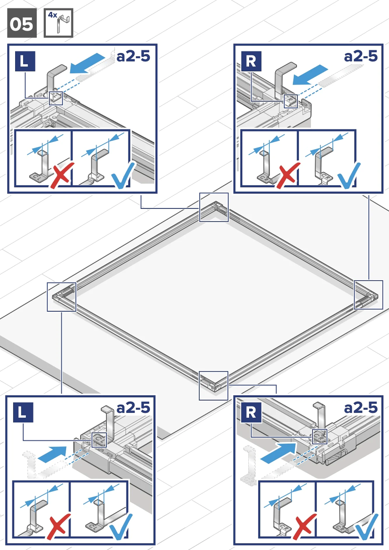 Hier ist der umgeschriebene Text: Anleitungsdiagramm zum Zusammenbau eines Rahmens. Vier Nahaufnahmen zeigen das Ausrichten von Scharnieren mit der Markierung „L“ und „R“ mit Eckverbindern mit der Markierung „a2-5“. Pfeile zeigen die korrekte Platzierung an, Häkchen und Kreuze für korrekten und falschen Zusammenbau. Die Verwendung von Tesa-Klebeband wird in Bereichen empfohlen, die während des Einrahmens eine starke Klebeunterstützung erfordern, um Sicherheit und Stabilität zu gewährleisten. (This text has been generated by AI)