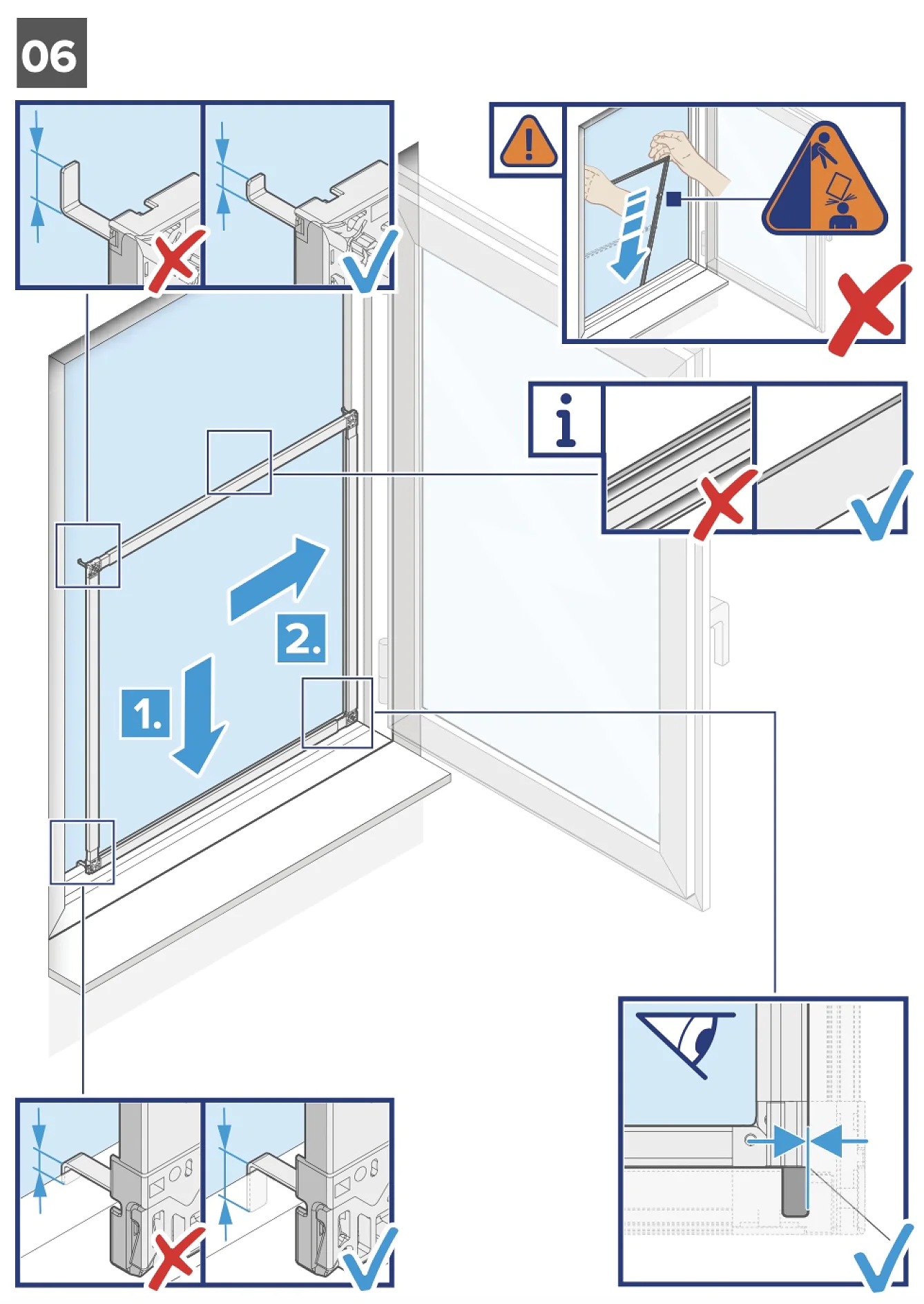 Diagramm, das die korrekte Installation eines Fliegengitters veranschaulicht. Beinhaltet Schritte zum Anbringen, Sichern mit Halterungen und Sicherstellen, dass der Griff mit Tesa-Klebeband verriegelt ist. Warnsymbole weisen auf Vorsicht hin. Häkchen und Kreuze kennzeichnen richtige und falsche Aktionen. (This text has been generated by AI)