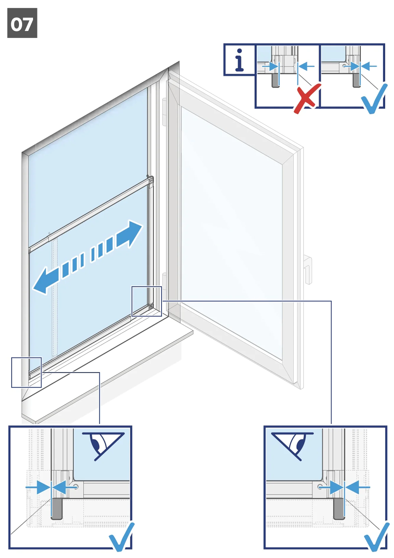 Diagramm eines Fensters, das zeigt, wie man ein Rollo installiert. Das Hauptbild zeigt das Rollo vollständig ausgefahren mit Pfeilen, die die horizontale Einstellung anzeigen. Eingefügte Bilder zeigen die richtigen und falschen Installationsmethoden detailliert an, mit Häkchen und einem X zur Orientierung. (This text has been generated by AI)