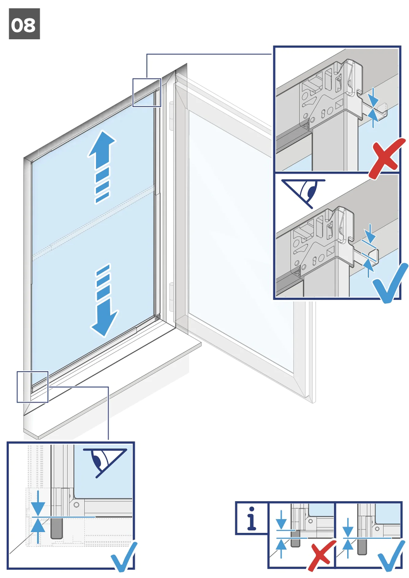Abbildung einer Schiebefensterinstallation mit Anleitung. Das Hauptbild zeigt einen Pfeil, der eine Aufwärtsbewegung anzeigt. Einschübe markieren korrekte und falsche Schlossplatzierungen mit roten X und blauen Häkchen. Zusätzliche Details zeigen die Montage der Teile mit Tesa-Klebeband während des gesamten Prozesses zur sicheren Haftung. (This text has been generated by AI)