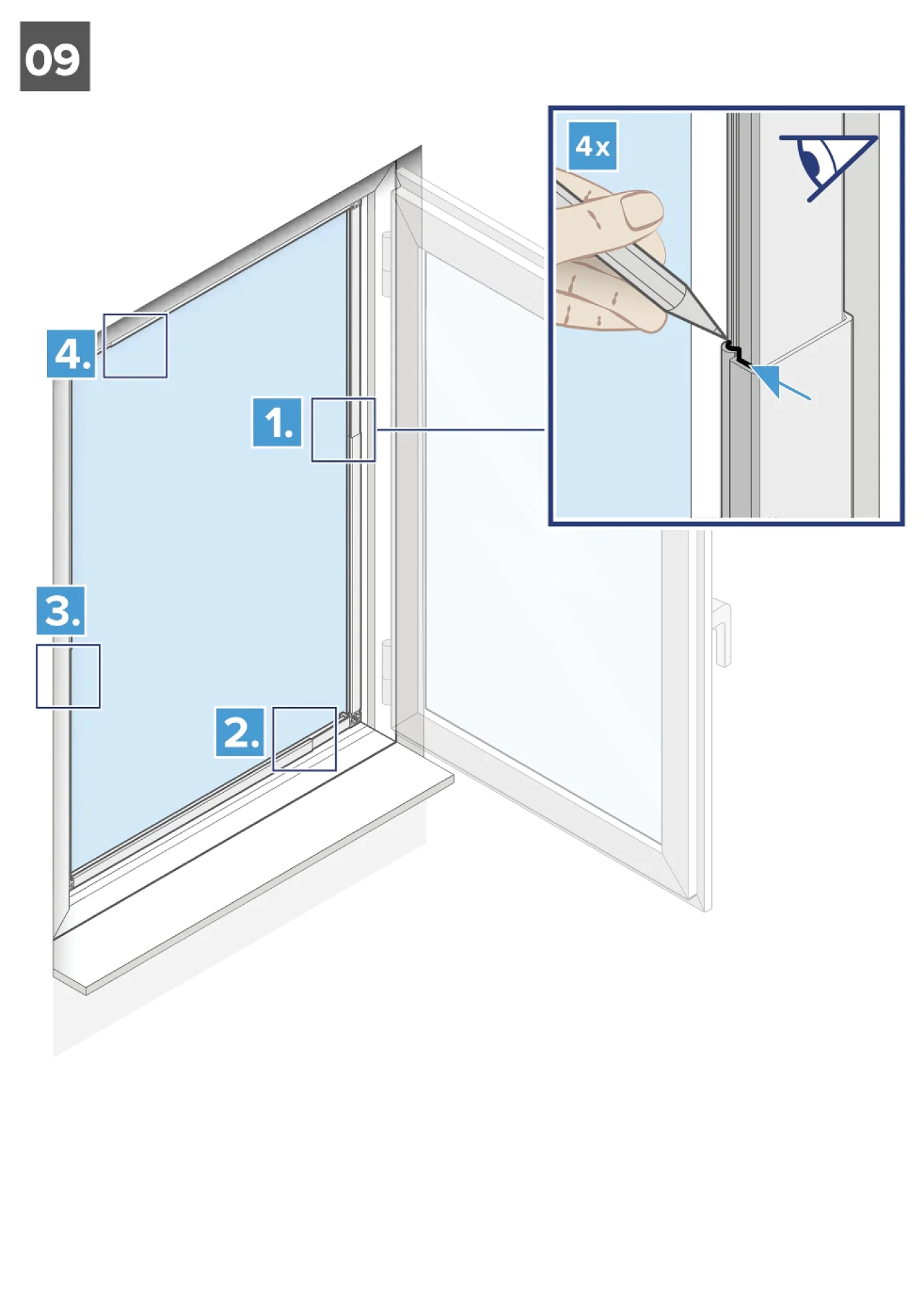 Abbildung, die ein Fenster mit beschrifteten Abschnitten und einer Handzeichnung mit einem Stift in der oberen Ecke auf dem Rahmen zeigt. Die Abschnitte sind von 1 bis 4 nummeriert und die Stiftmarkierungen veranschaulichen möglicherweise interessante Punkte oder Anweisungen. (This text has been generated by AI)