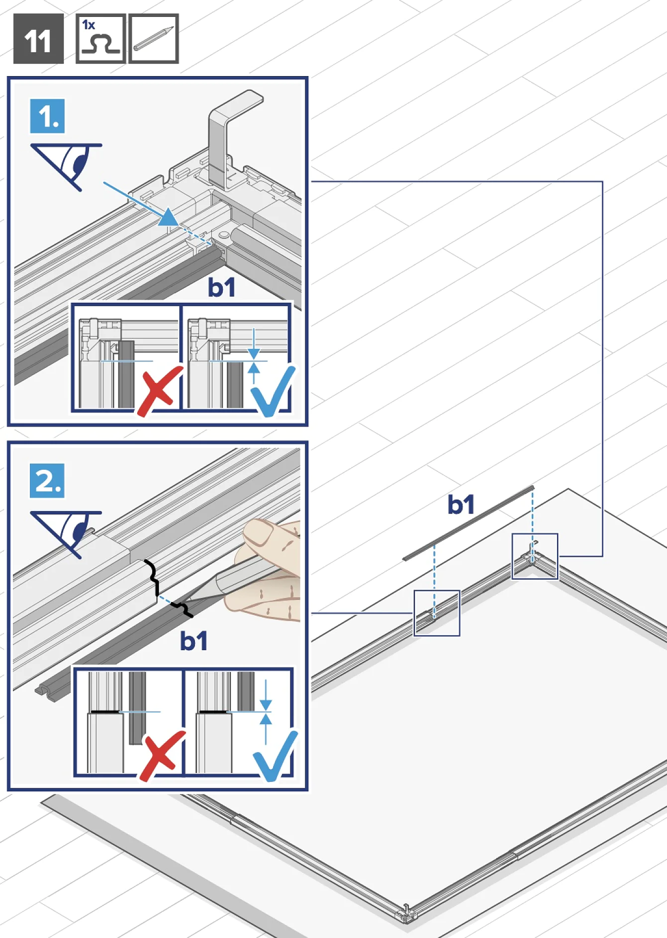 Anleitungsdiagramm, das zwei Hauptschritte zum Installieren einer Komponente zeigt. Schritt 1 zeigt das korrekte Ausrichten und Einfügen eines Teils. Schritt 2 zeigt eine Hand, die ein Werkzeug verwendet, um das Teil mit Tesa-Klebeband zu befestigen. Falsche und richtige Methoden sind mit roten bzw. blauen Symbolen gekennzeichnet. (This text has been generated by AI)