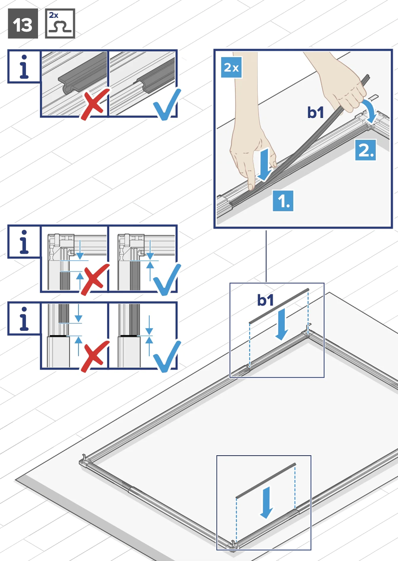 Anleitungsdiagramm, das zeigt, wie man eine Platte richtig in einen Rahmen einfügt. Schritt 1: Teil b1 an der Ecke einsetzen und dabei richtig ausrichten. In der Nahaufnahme sind Hände zu sehen, die diese Aktion mit Tesaband ausführen. Die Diagramme zeigen die richtige (Häkchen) und falsche (Kreuz) Vorgehensweise mit Tesaband. (This text has been generated by AI)