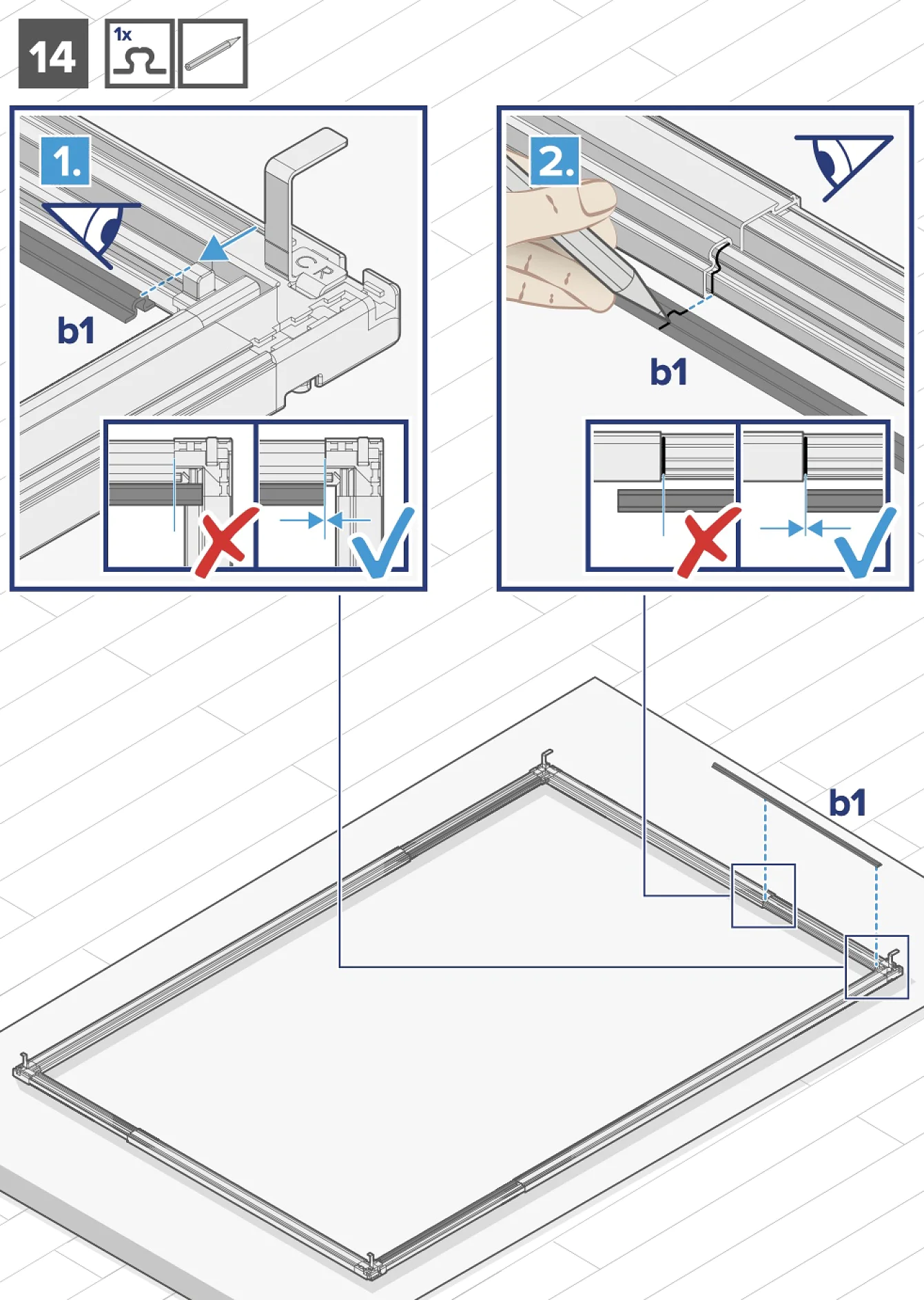 Montageanleitung für einen Rahmen. Schritt 14 zeigt das Festziehen einer Eckhalterung, wobei ein Pfeil die Platzierung angibt. Schritt 2 zeigt die Verwendung eines Werkzeugs zum Öffnen des Rahmens. Diagramme zeigen richtige und falsche Vorgehensweisen mit Häkchen und Kreuzen und zeigen, wo Tesa-Klebeband für eine optimale Montage verwendet werden muss. (This text has been generated by AI)