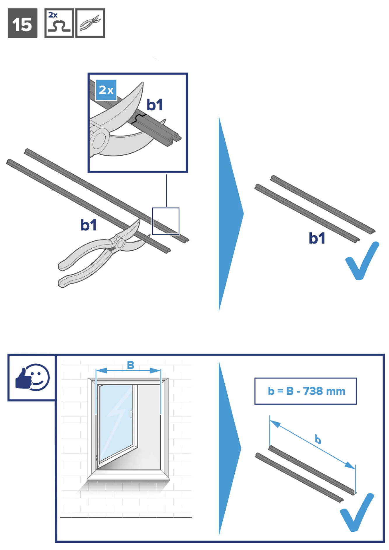 Anleitungsdiagramm, das zeigt, wie man mit einem Werkzeug zwei Streifen mit der Bezeichnung „b1“ zuschneidet. Die Streifen sollen der Breite „B“ eines Fensterrahmens entsprechen, die mit 738 mm angegeben ist. Ein Daumen-hoch-Symbol zeigt die korrekte Messung mithilfe von Tesa-Klebeband an. (This text has been generated by AI)