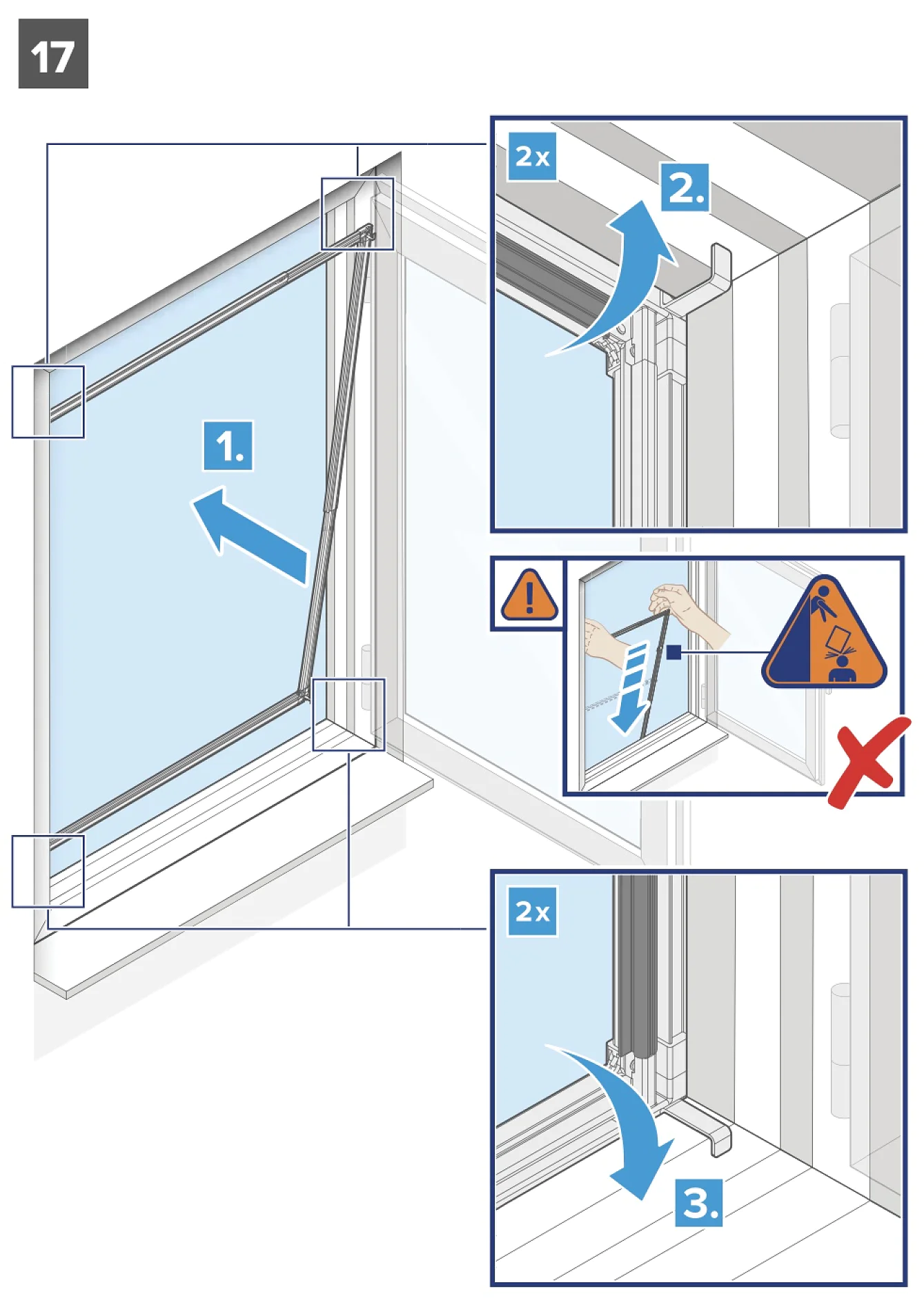Bebilderte Montageanleitung für Fenster. Schritt 1: Diagonalleiste mit Pfeil nach oben anbringen. Schritt 2: Obere Ecken mit Winkeln mit der Markierung „2x“ und Tesaband fixieren. Schritt 3: Untere Ecken mit der Markierung „2x“ und Tesaband fixieren. Achtung: Falscher Aufbau abgebildet. (This text has been generated by AI)