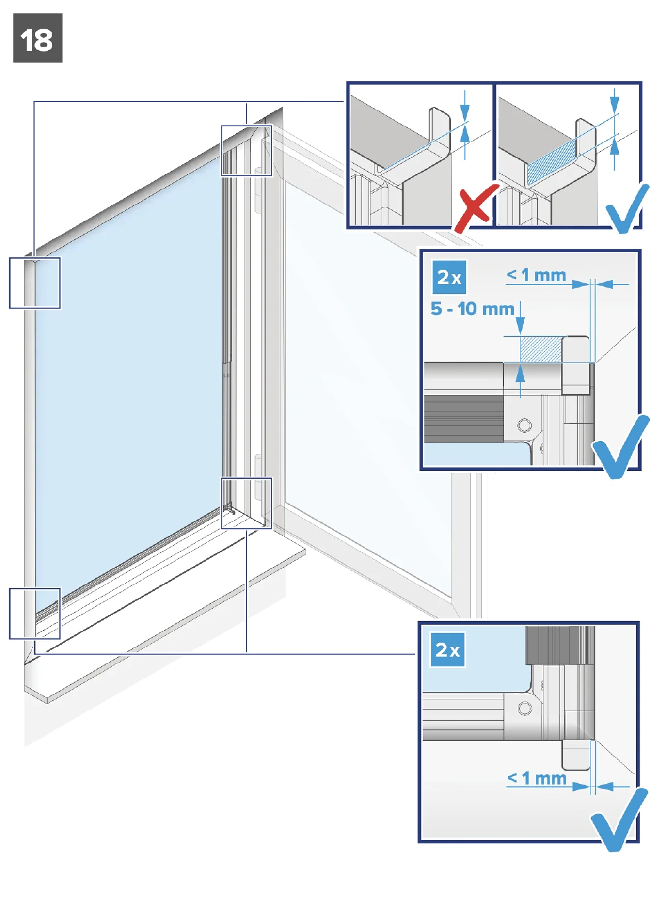 Diagramm zur korrekten und falschen Montage von Fensterrahmen. Es zeigt Nahaufnahmen mit Maßangaben: Die Lücken sollten weniger als 1 mm betragen, der äußere Abstand 5–10 mm. Enthält Häkchen für die korrekte Methode mit Tesa-Klebeband und ein X für die falsche Methode. (This text has been generated by AI)