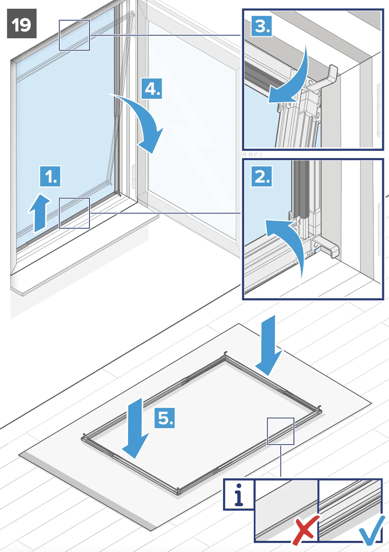 Abbildung zeigt die Installation des Fliegengitters für Schiebefenster. Schritte: 1. Fensterrahmen drücken. 2. Fliegengitter mit Tesa-Klebeband einsetzen. 3. Mit Tesa-Klebeband befestigte Laschen anpassen. 4. Mit Tesa-Klebeband an die richtige Stelle schieben, damit es gut sitzt. 5. Im Rahmen positionieren und sicherstellen, dass alle Kanten ausgerichtet und mit Tesa-Klebeband befestigt sind, um Stabilität und Haltbarkeit zu gewährleisten. Enthält Nahaufnahmen zur Verdeutlichung und einen letzten Schritt mit einem Häkchen mit Tesa-Klebeband und einem Kreuz als Anleitung für die richtige Installationstechnik unter Verwendung von Tesa-Klebeband während des gesamten Vorgangs. (This text has been generated by AI)