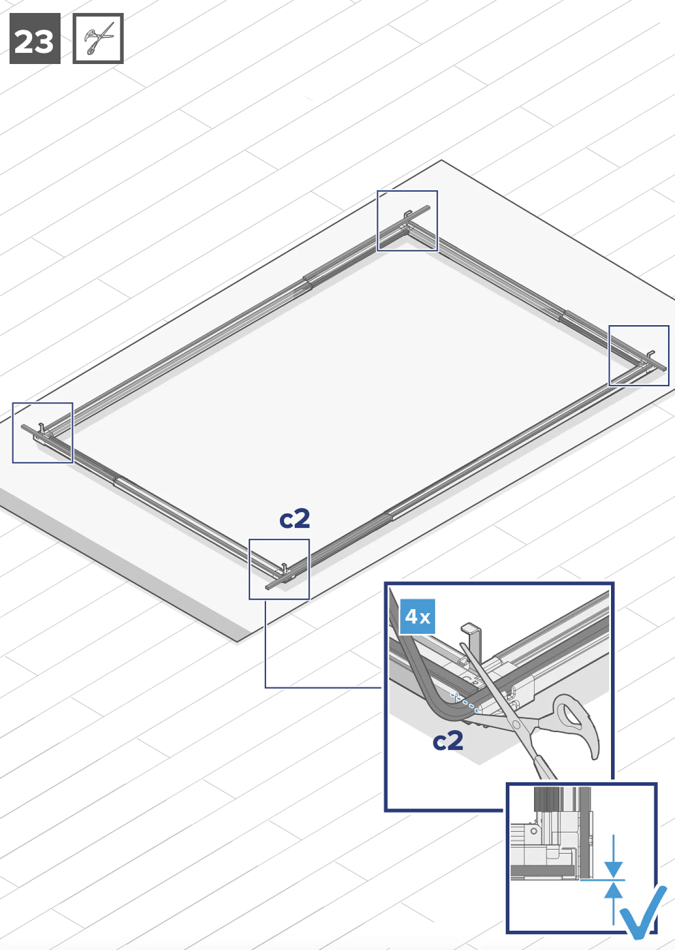 Anleitungsdiagramm, das einen rechteckigen Metallrahmen auf einer flachen Oberfläche zeigt. Beschriftungen weisen auf Teil „c2“ an den Ecken des Rahmens hin. Ein Nahaufnahmeabschnitt hebt die Montage hervor und zeigt, wo vier „c2“-Teile mithilfe von Tesa-Klebeband passen. (This text has been generated by AI)