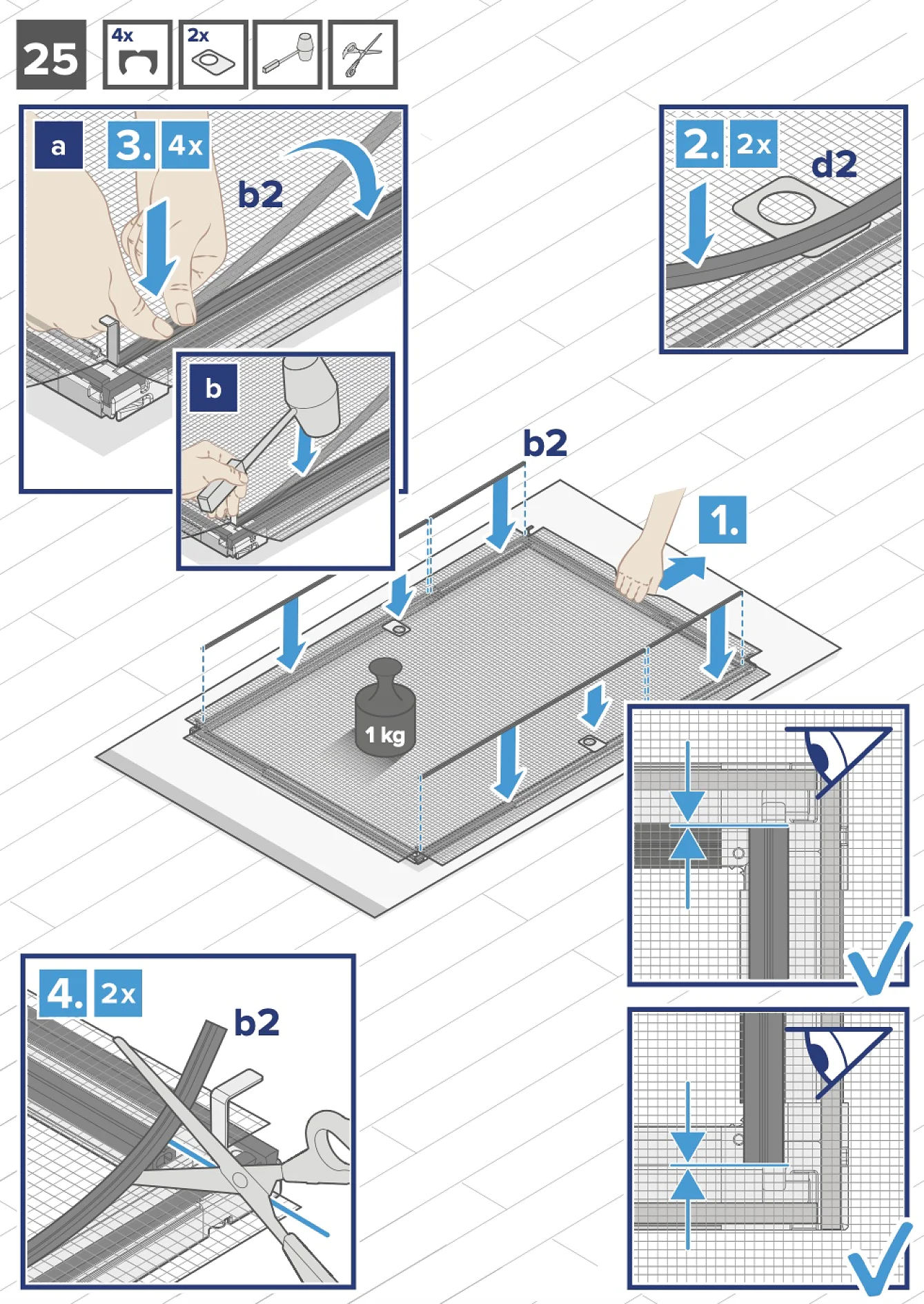 Anleitungsdiagramm, das die einzelnen Schritte zum Zusammenbau eines Fliegengitters zeigt. Enthält Nahaufnahmen von Händen, die Werkzeuge mit Tesa-Klebeband verwenden, um das Gitter zu befestigen, ein Gewicht, das auf den Rahmen gelegt wird, um ihn festzuhalten, und detaillierte Schritte zum Abschneiden überschüssigen Materials. Pfeile leiten jede Aktion. (This text has been generated by AI)