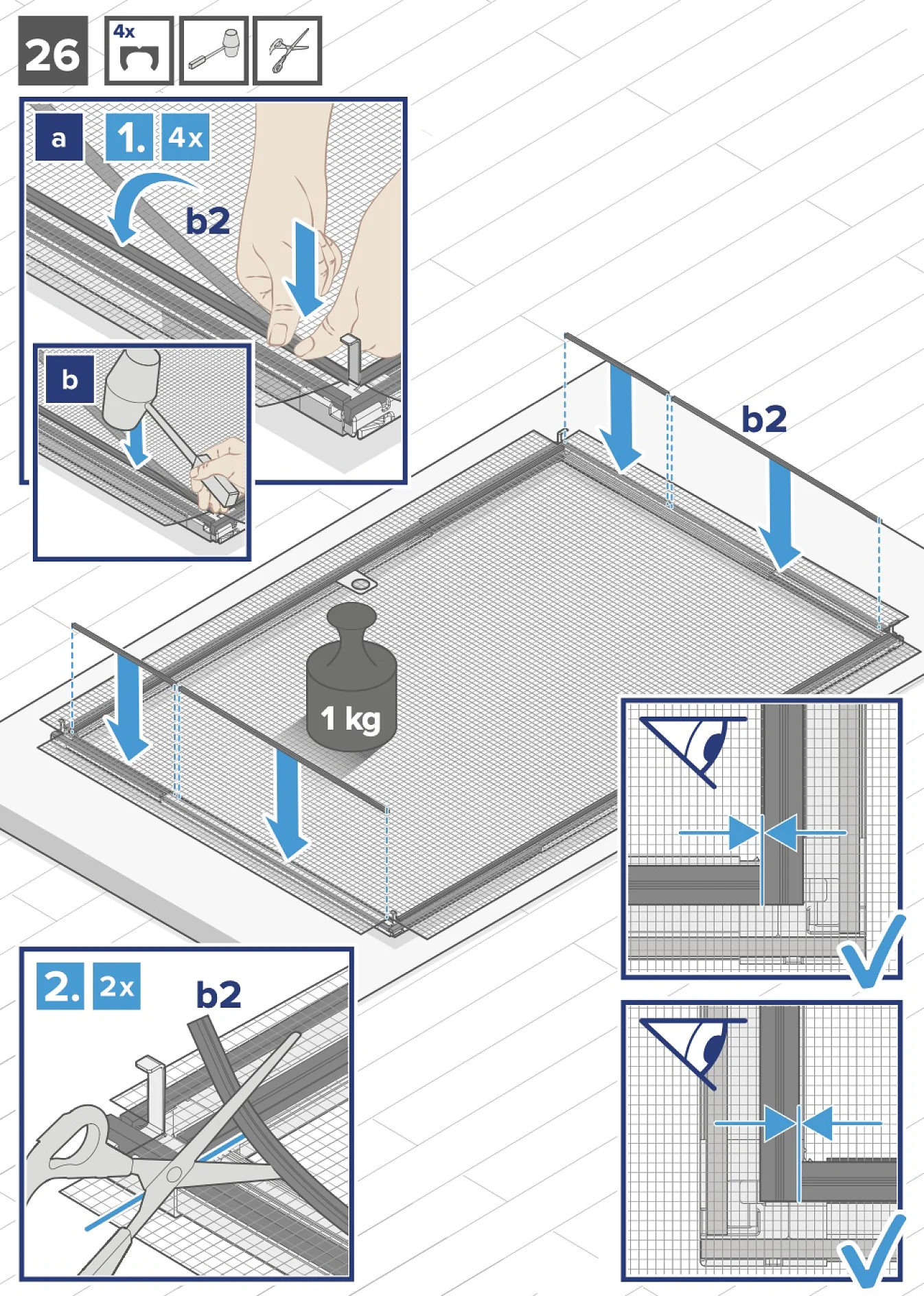 Anleitungsdiagramm zur Veranschaulichung der Installation eines Fliegengitters. Enthält beschriftete Teile und Schritte: Einsetzen von Clips, Sichern mit einem Gewicht und Abschneiden von überschüssigem Gitter. Enthält Symbole für benötigte Werkzeuge. Die Schritte sind mit „1“, „2“ und „26“ gekennzeichnet. In den entsprechenden Phasen wird Tesa-Klebeband verwendet, um sicherzustellen, dass das Gitter während der Installation sicher an seinem Platz gehalten wird. (This text has been generated by AI)