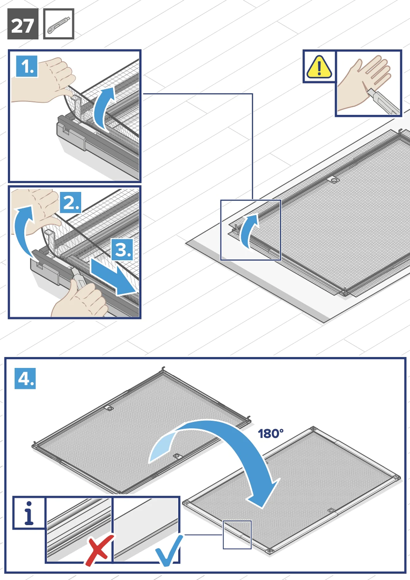 Anleitungsdiagramm, das in vier Schritten das Einsetzen oder Entfernen einer dünnen Platte mit Tesa-Klebeband veranschaulicht. Schritt 1: Drücken Sie eine Taste mit einem Handsymbol. Schritt 2 und 3: Heben Sie die Platte an. Schritt 4: Drehen Sie die Platte um 180 Grad. Ein Warnsymbol weist auf ein falsches Einsetzen hin. (This text has been generated by AI)