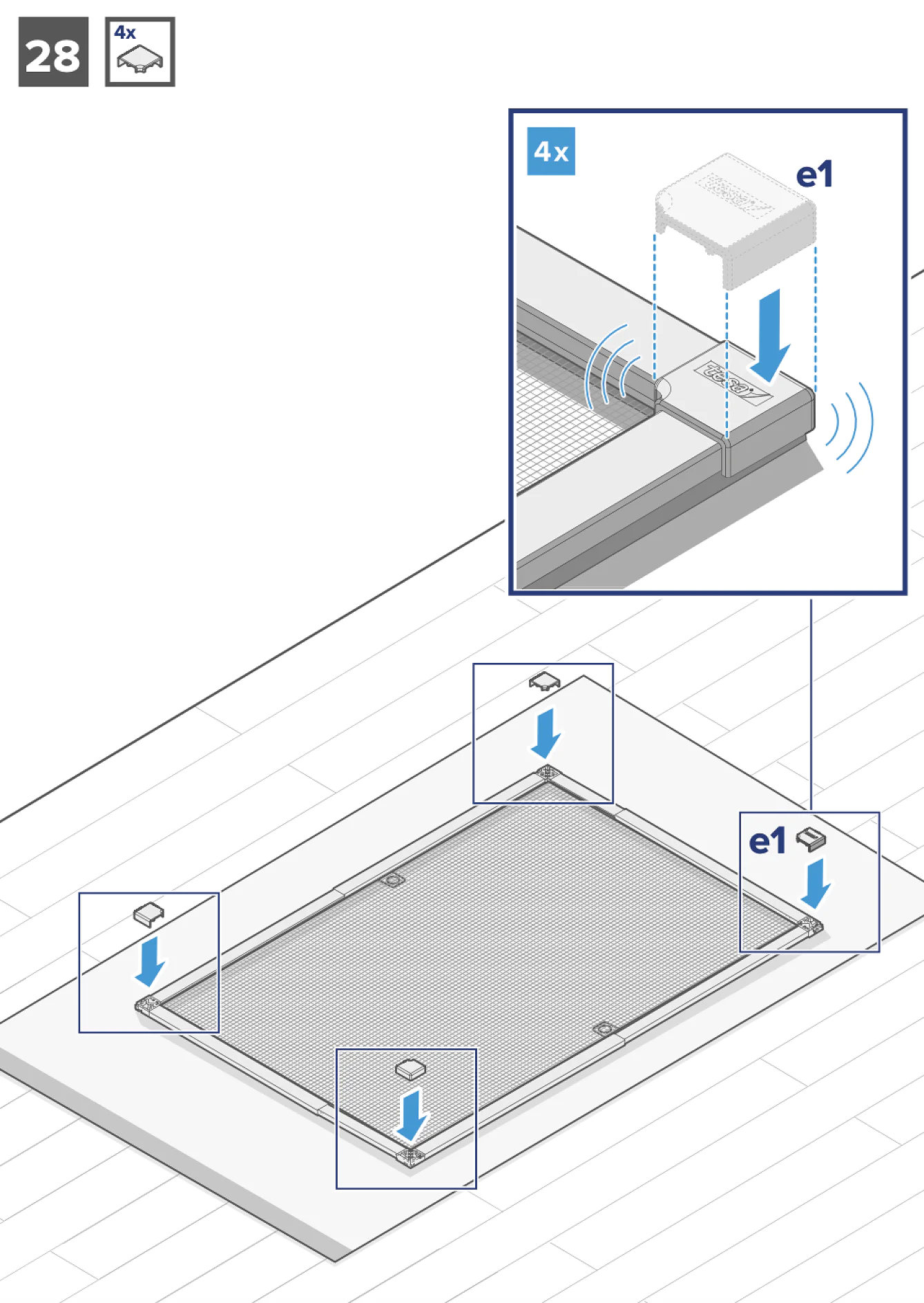 Montageanleitungsdiagramm, das zeigt, wie vier elektronische Einheiten mit der Bezeichnung „e1“ an einem rechteckigen Rahmen befestigt werden. Jede Einheit wird an den Ecken mit einer Schraube und einem quadratischen Befestigungselement befestigt, wie in der vergrößerten Einfügung dargestellt. Zusätzlich zu diesen Befestigungselementen kann Tesa-Klebeband verwendet werden, um zusätzliche Stabilität zu gewährleisten und sicherzustellen, dass jede Einheit sicher am Rahmen befestigt bleibt. (This text has been generated by AI)