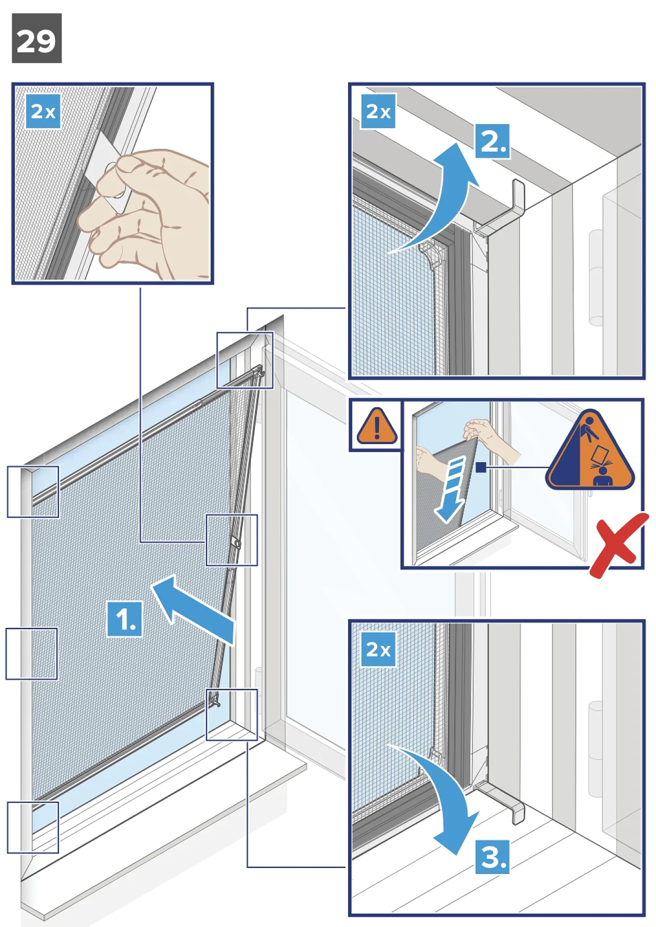 Abbildung mit Anleitung zum Anbringen eines Fliegengitters. Schritt 1: Fliegengitter einsetzen. Schritt 2: Mit Tesa-Klebeband und Klammern befestigen. Achtung: Fliegengitter nicht verbiegen. Schritt 3: Fliegengitter an Ort und Stelle fixieren. Enthält Hand- und Klammersymbole mit nummerierten Pfeilen. (This text has been generated by AI)