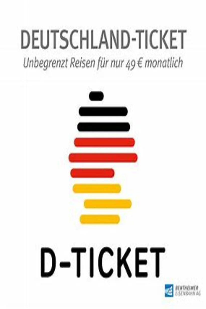 Eine Grafik zeigt den Text „Deutschland-Ticket“ und „Unbegrenzt Reisen für nur 49€ monatlich“ über einer stilisierten Deutschlandkarte in Schwarz, Rot und Gelb. Darunter steht „D-Ticket“ mit einem kleinen Tesa-Klebeband-Logo in der unteren rechten Ecke. (This text has been generated by AI)