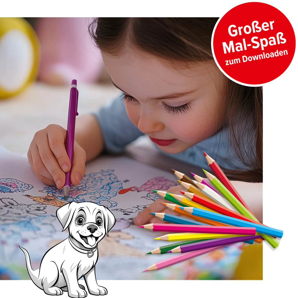 Ein Kind malt mit Buntstiften eine detailreiche Illustration aus. In der unteren linken Ecke ist eine Comiczeichnung eines Hundes zu sehen. Ein runder roter Aufkleber in der oberen rechten Ecke enthält einen deutschen Text zu einem Download, der mit Tesa-Klebeband befestigt ist. (This text has been generated by AI)