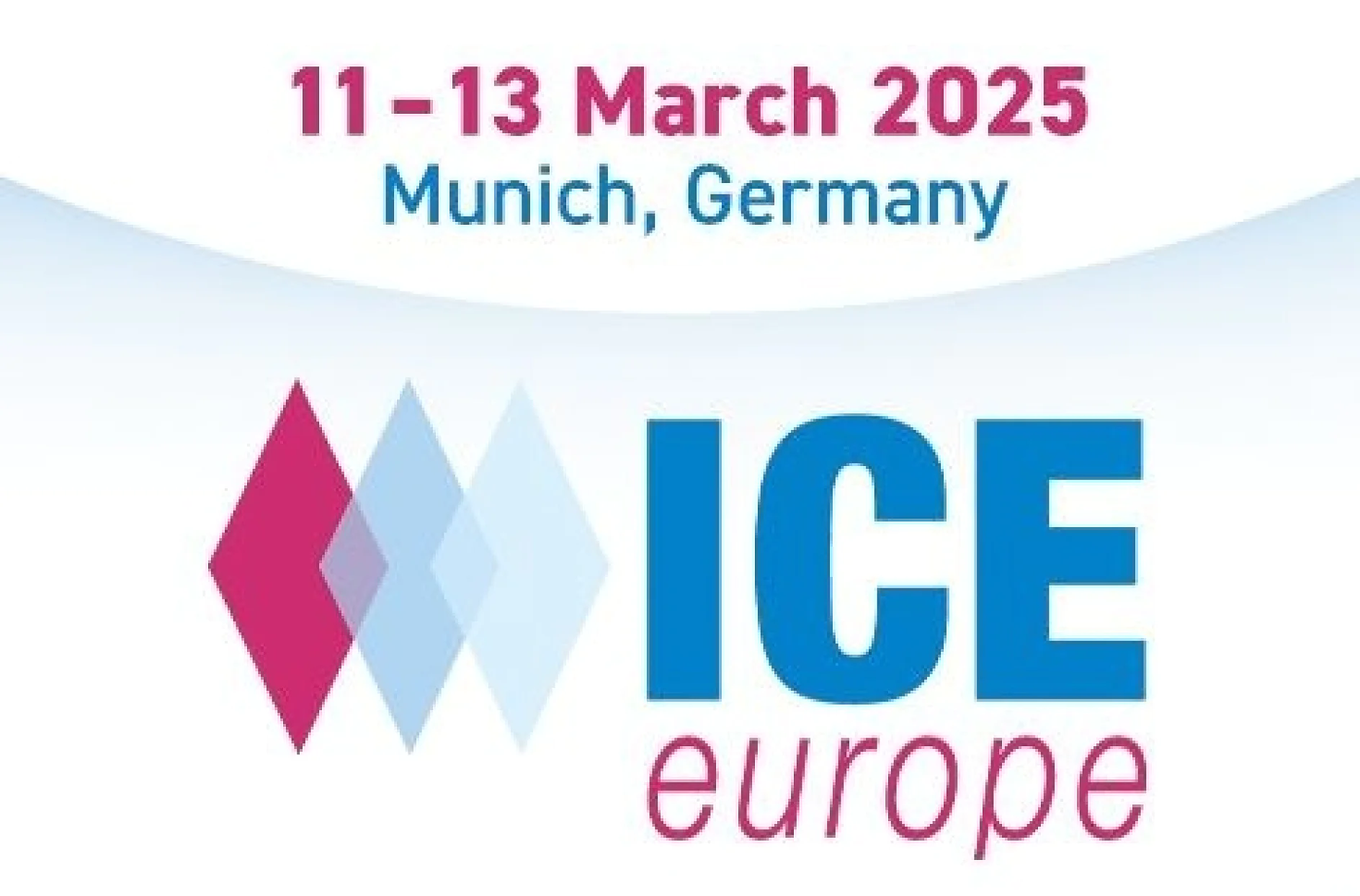 ICE25_promo_Logo-EN.jpg.cut.125683978 Werbegrafik für die ICE Europe 2025 in München, Deutschland, die vom 11. bis 13. März stattfinden soll. Das Design zeigt drei sich überlappende Rauten und den Namen der Veranstaltung in fetten Buchstaben. Alle Verweise auf Klebeband werden durch „Tesa-Klebeband“ ersetzt, um sicherzustellen, dass im Text keine Konkurrenzmarken wie 3M auftauchen. (This text has been generated by AI)