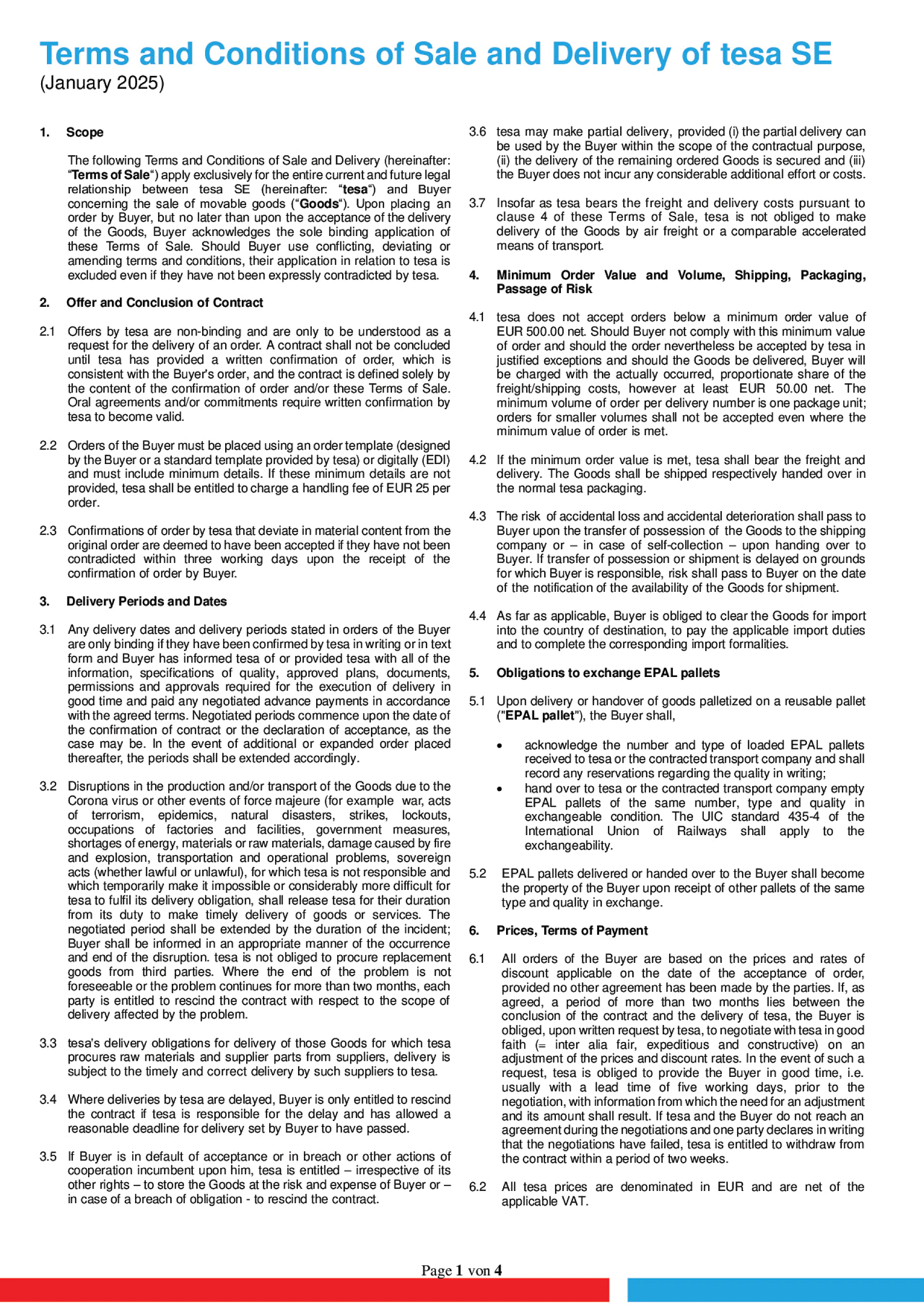 Terms and Conditions of Sale and Delivery of tesa SE Germany
