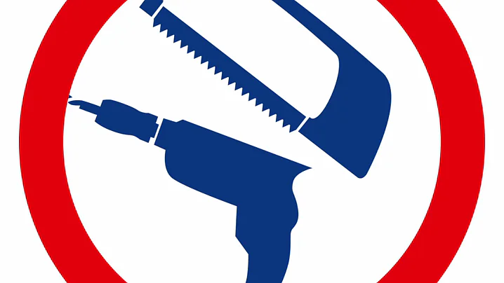 A blue electric power tool with interchangeable heads, including a saw and a drill, is shown inside a red circular prohibition sign on a white background. (This text has been generated by AI)
