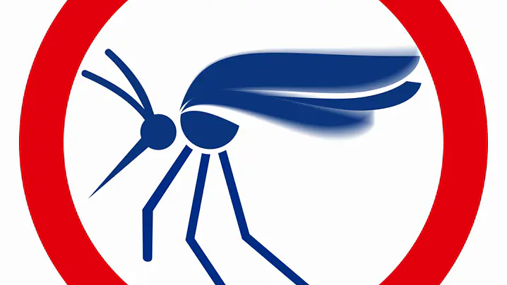 A blue silhouette of a mosquito with blurred wings is enclosed in a red circle, suggesting a prohibition or warning related to mosquitoes. The background is white. (This text has been generated by AI)