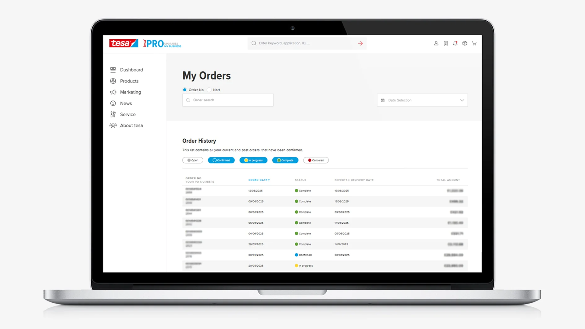 A laptop displays an order management webpage titled My Orders with a navigation menu on the left and a table showing order history with tesa tape order dates, statuses, and amounts. (This text has been generated by AI)