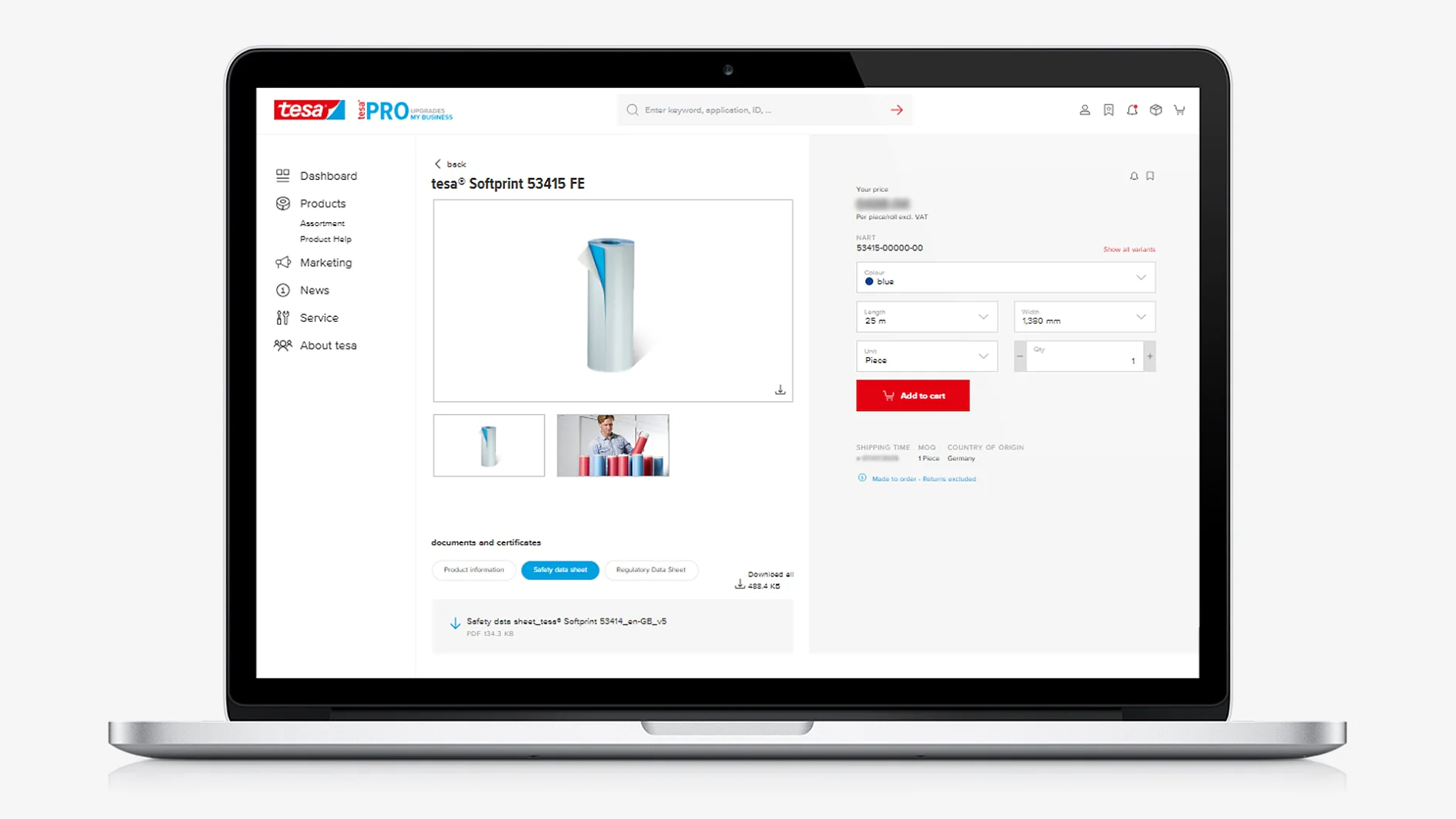 A laptop displays a product page for tesa® Softprint 52145 FE on a website. The page shows an image of a tesa tape roll, product options, and a navigation menu on the left side. (This text has been generated by AI)