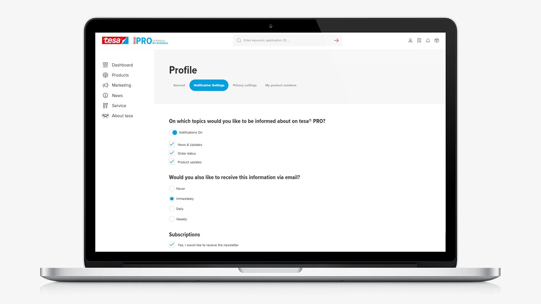 A laptop screen displays a user profile page for tesa PRO, showing notification settings and subscription options with checkboxes for tesa tape topics and email frequency preferences. The sidebar menu is visible on the left. (This text has been generated by AI)