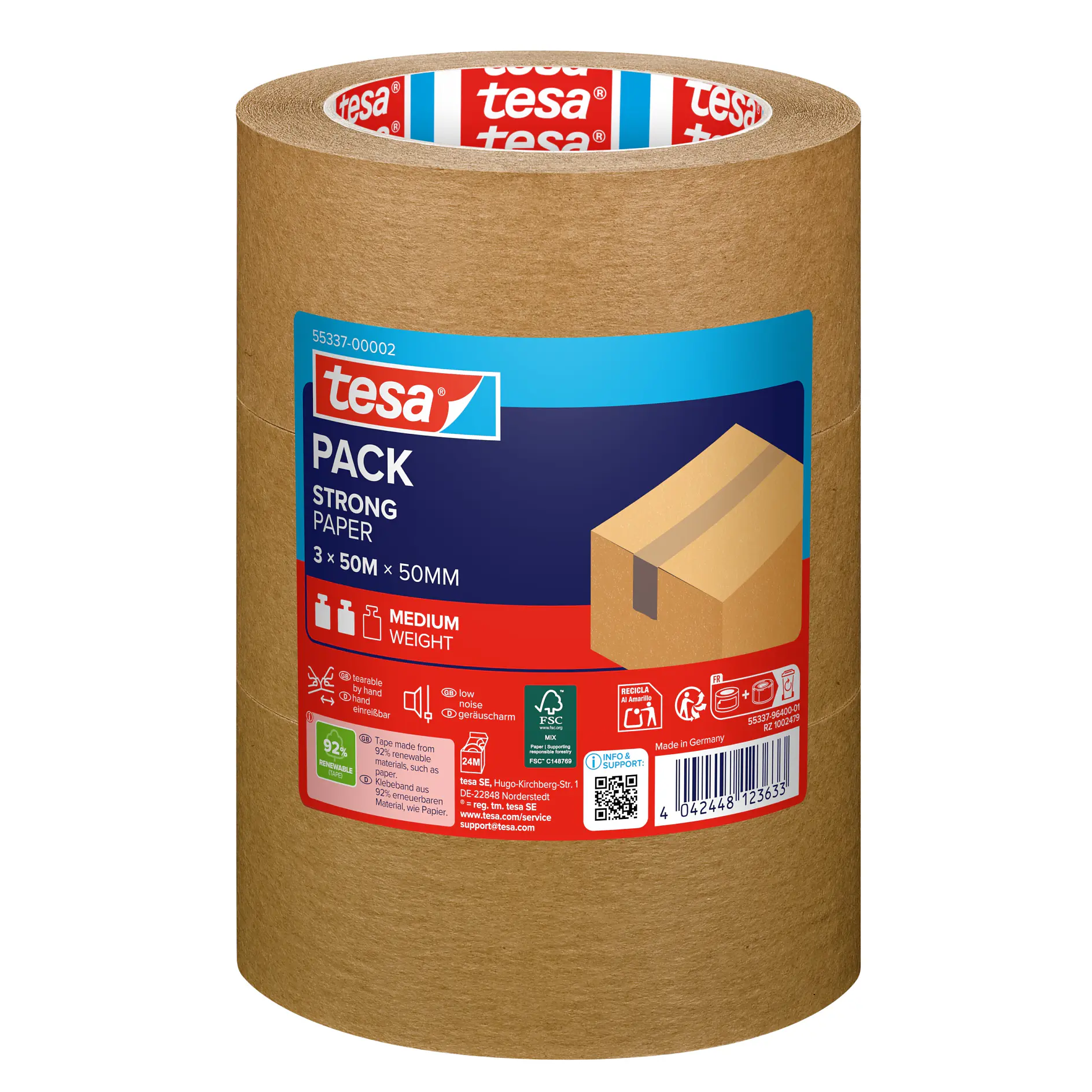 tesa pack strong brown packing tape roll, 50mm wide, 120m long, with product label showing usage for sealing cardboard boxes (This text has been generated by AI)