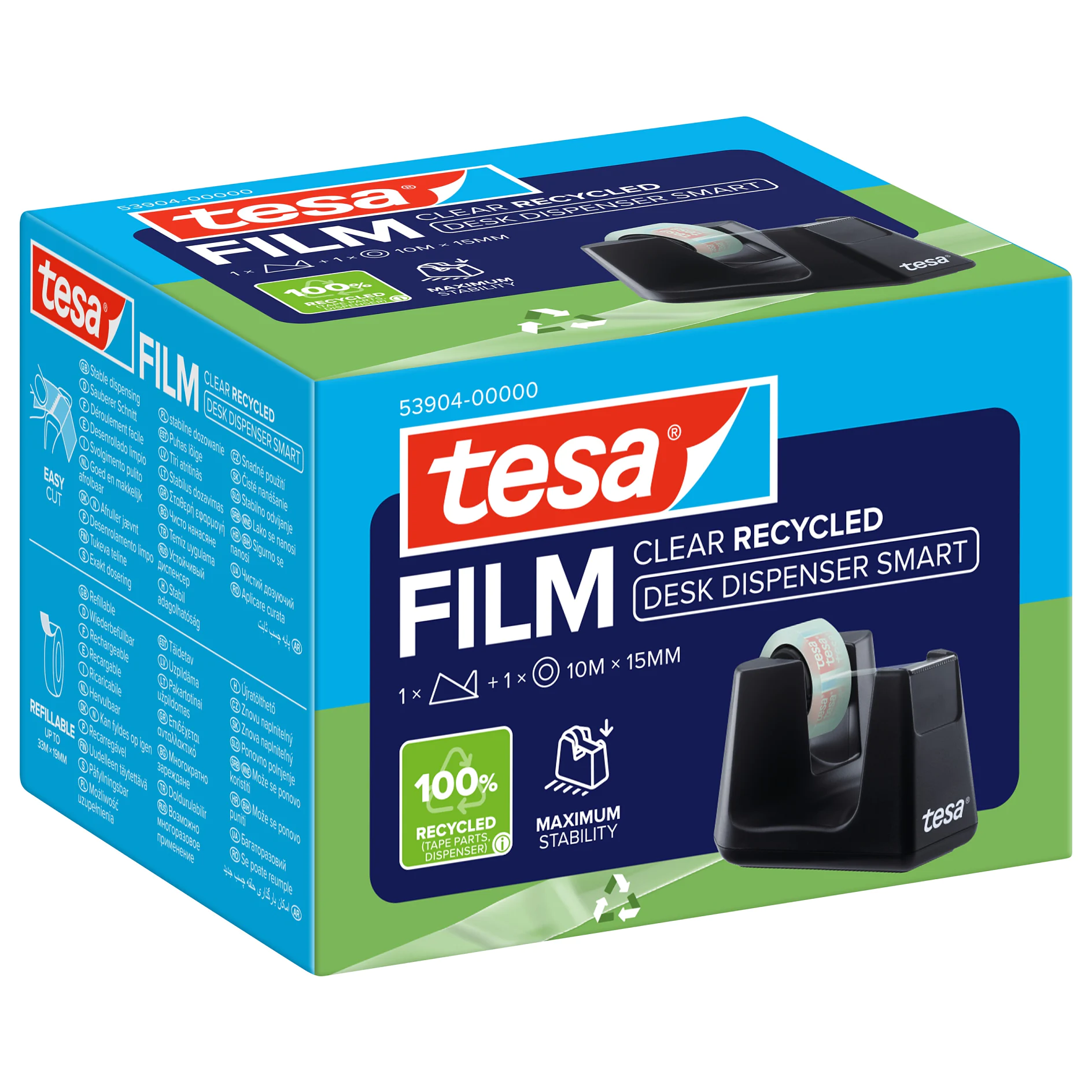 tesa clear recycled film tape with black desk dispenser in green and blue packaging on white background (This text has been generated by AI)