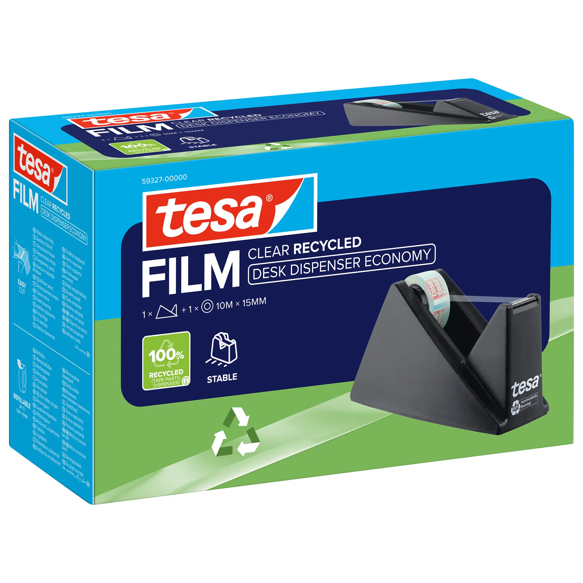 tesa clear recycled film tape with black desk dispenser in blue and green packaging on white background (This text has been generated by AI)