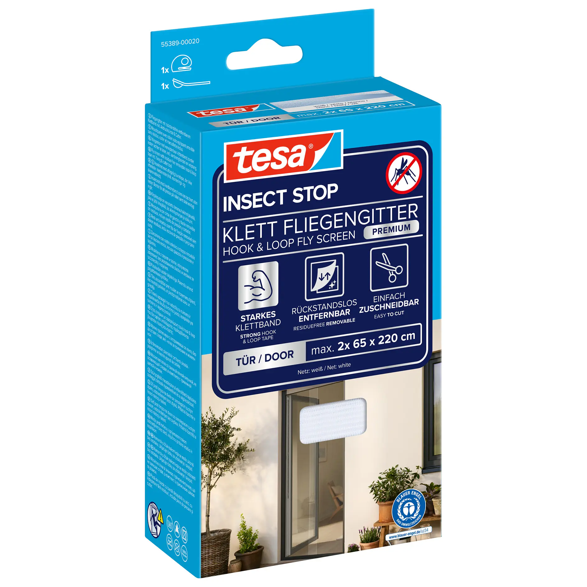 tesa insect stop hook and loop fly screen kit for door, blue packaging with product image and usage instructions on box (This text has been generated by AI)