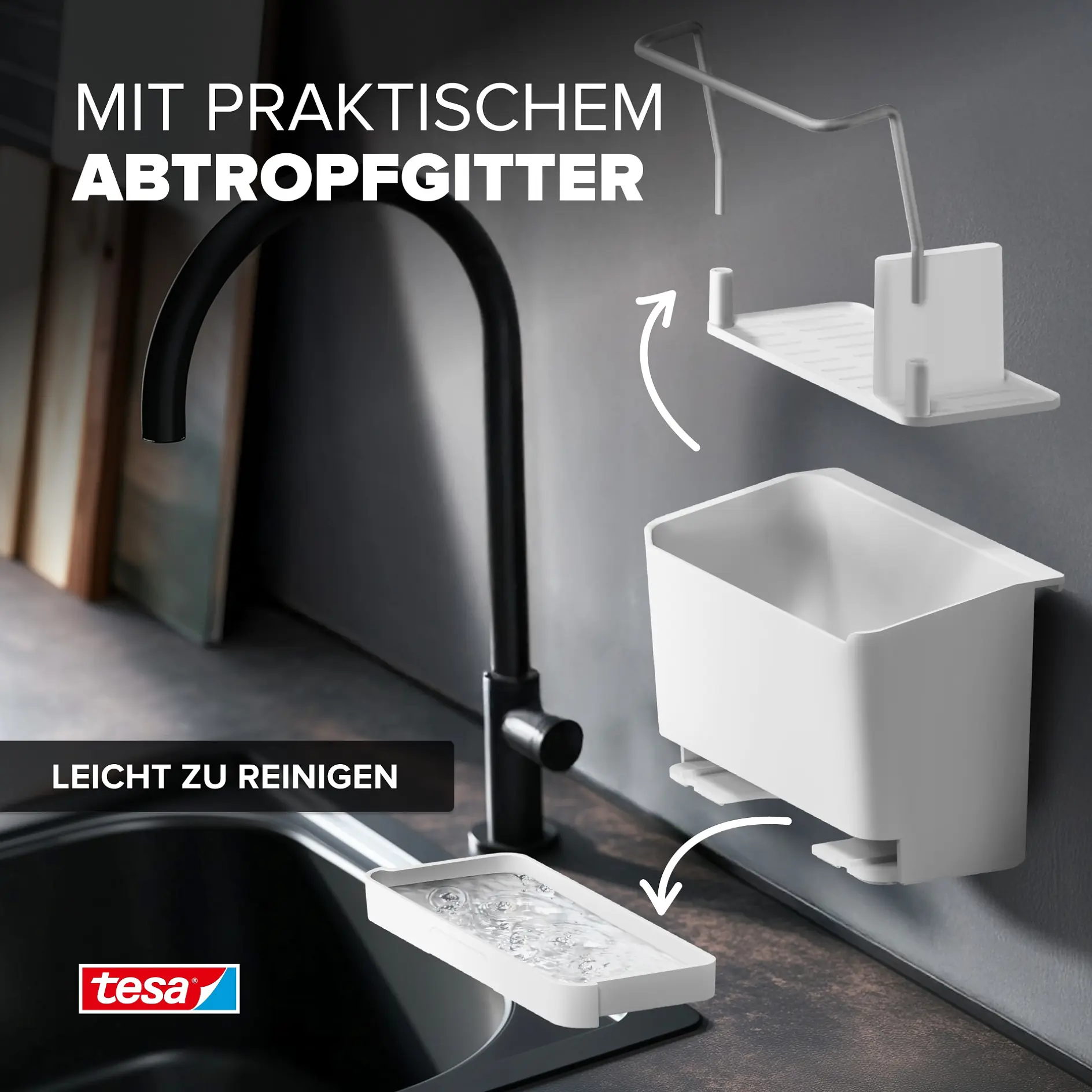 Eine weiße Tropfschale, die zur Reinigung abgenommen werden kann, befindet sich unter einem weißen Behälter neben einem schwarzen Wasserhahn. Der deutsche Text hebt die Verwendung des Tesabandes hervor.