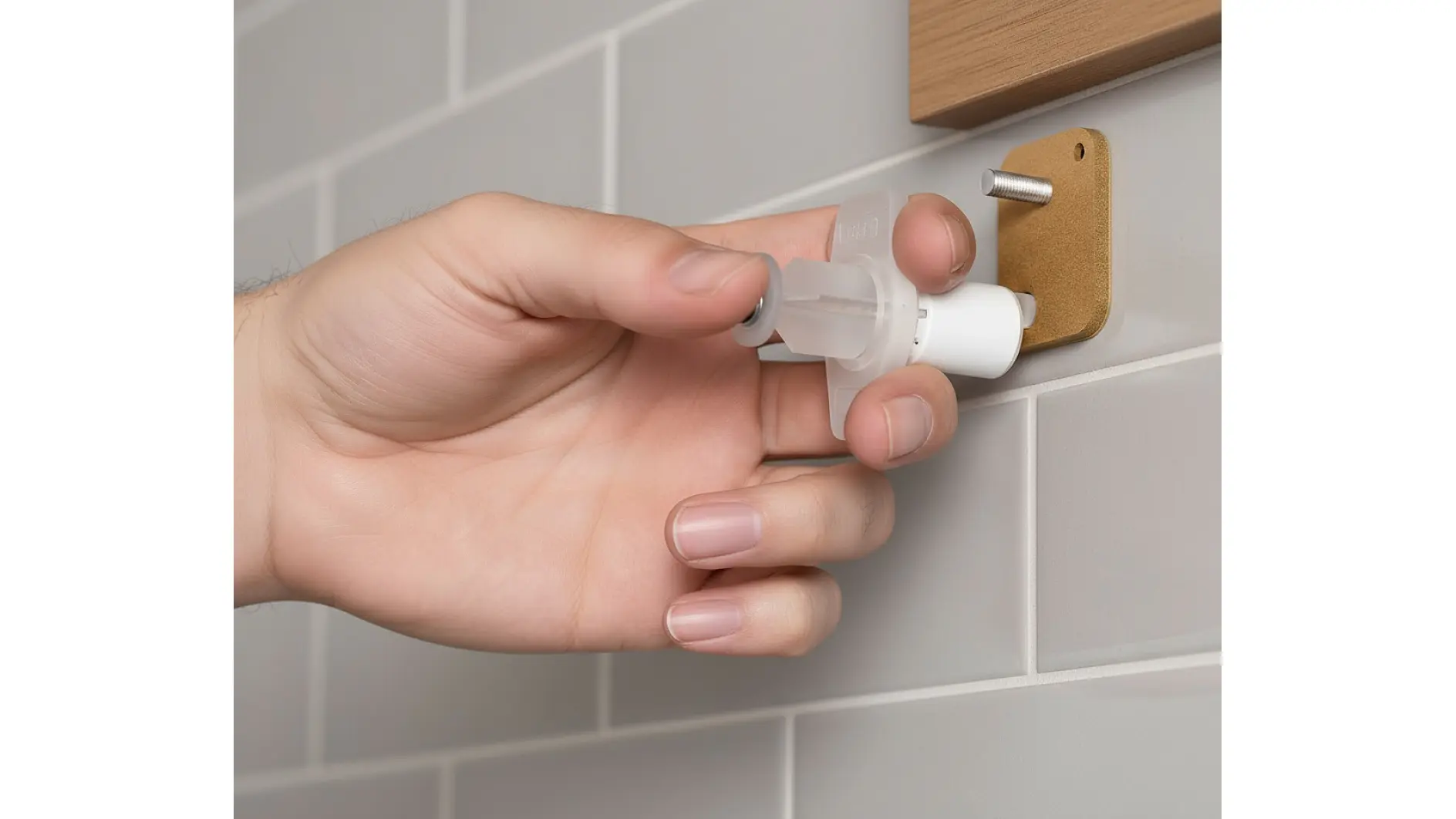 Eine Hand befestigt einen weißen Kunststoffspender mit Tesaband an einer kleinen Wandhalterung auf Fliesen. Der Metallbügel ist mit einem Haltestift versehen. (This text has been generated by AI)