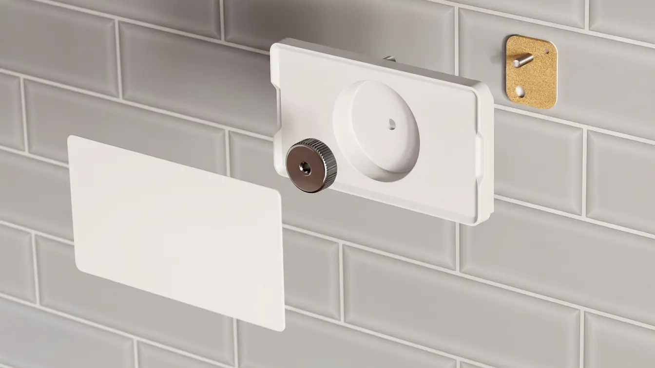 Ein weißes Wandgerät mit kreisförmiger Steckdose und Knopf ist teilweise auf einer grauen U-Bahn-Fliesenwand montiert; außerdem sind Tesafilm, eine weiße Abdeckung und eine braune Montageplatte mit Schraube zu sehen.