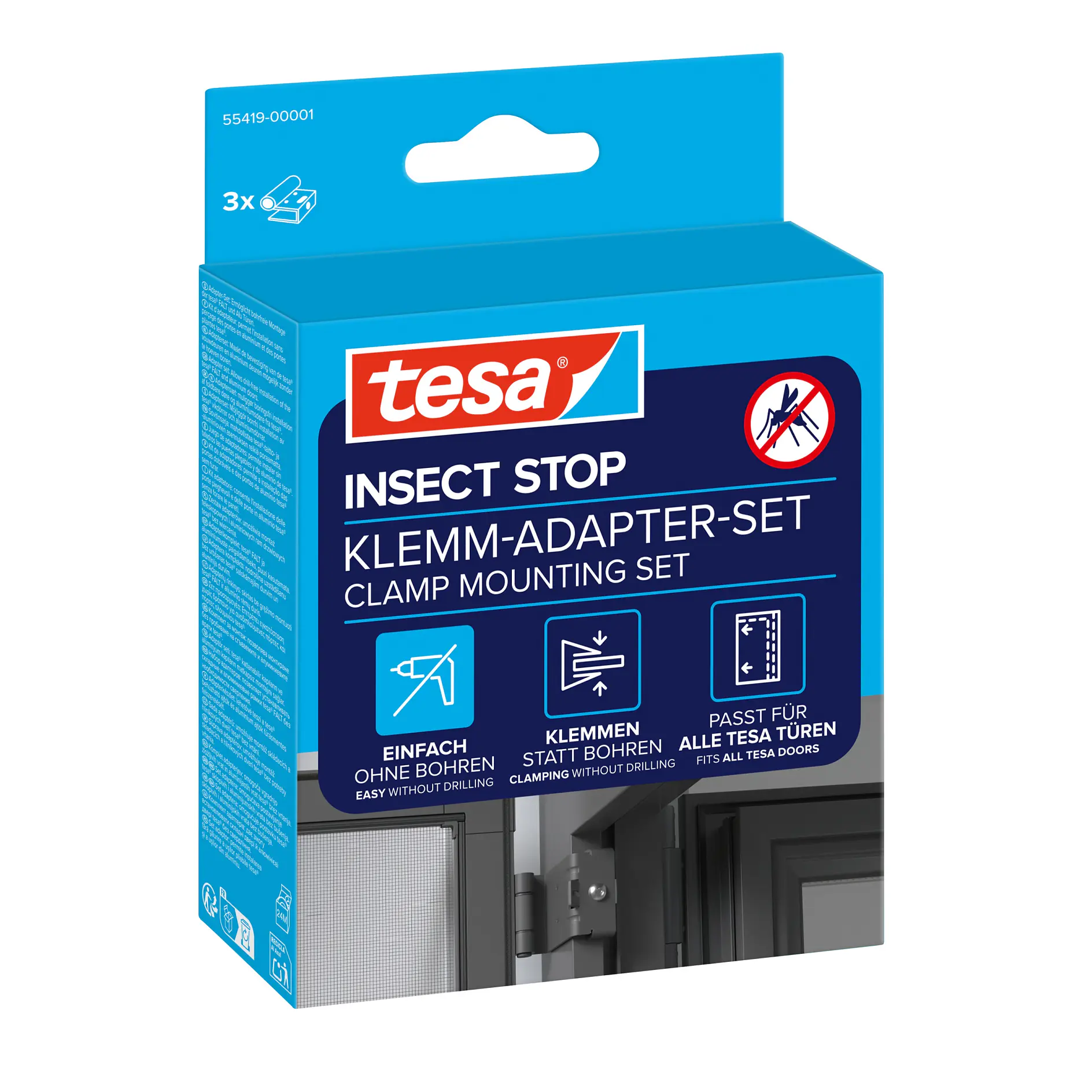 tesa insect stop clamp mounting set packaging showing product for easy, screw-free window installation to block insects and dust outdoors (This text has been generated by AI)