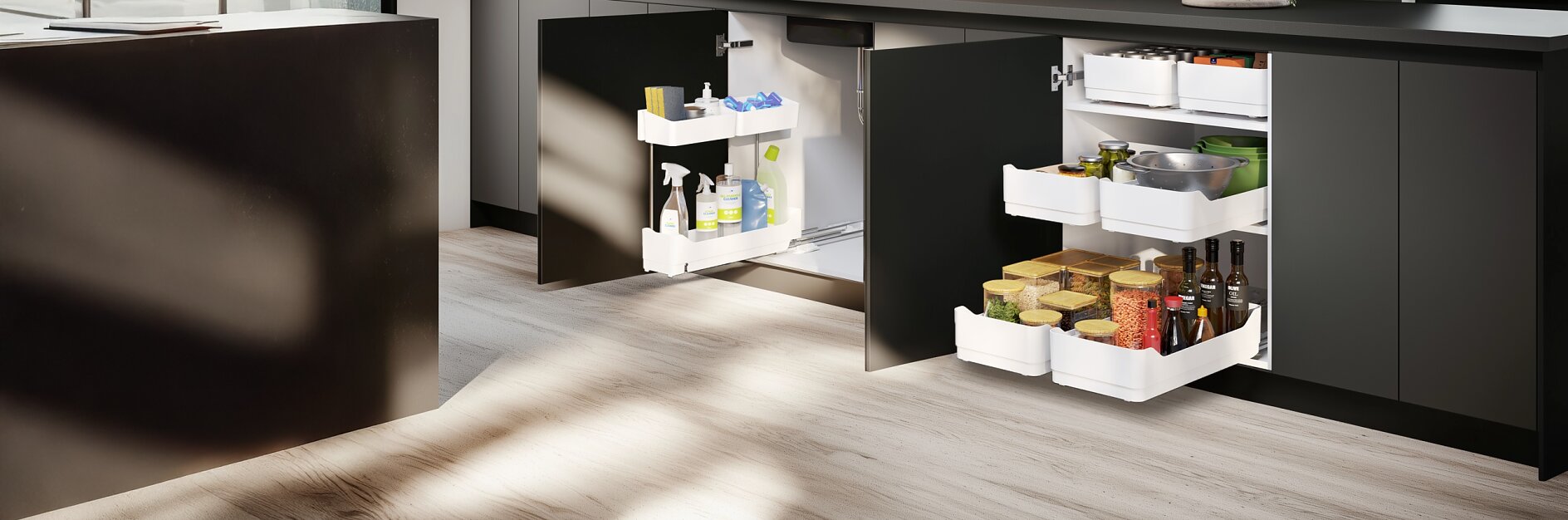 Moderne Küche mit offenen Unterschränken; Putzmittel und Lebensmittel werden in ausziehbaren Regalen gelagert. Sonnenlicht strömt herein. tesa Band sichtbar. (This text has been generated by AI)